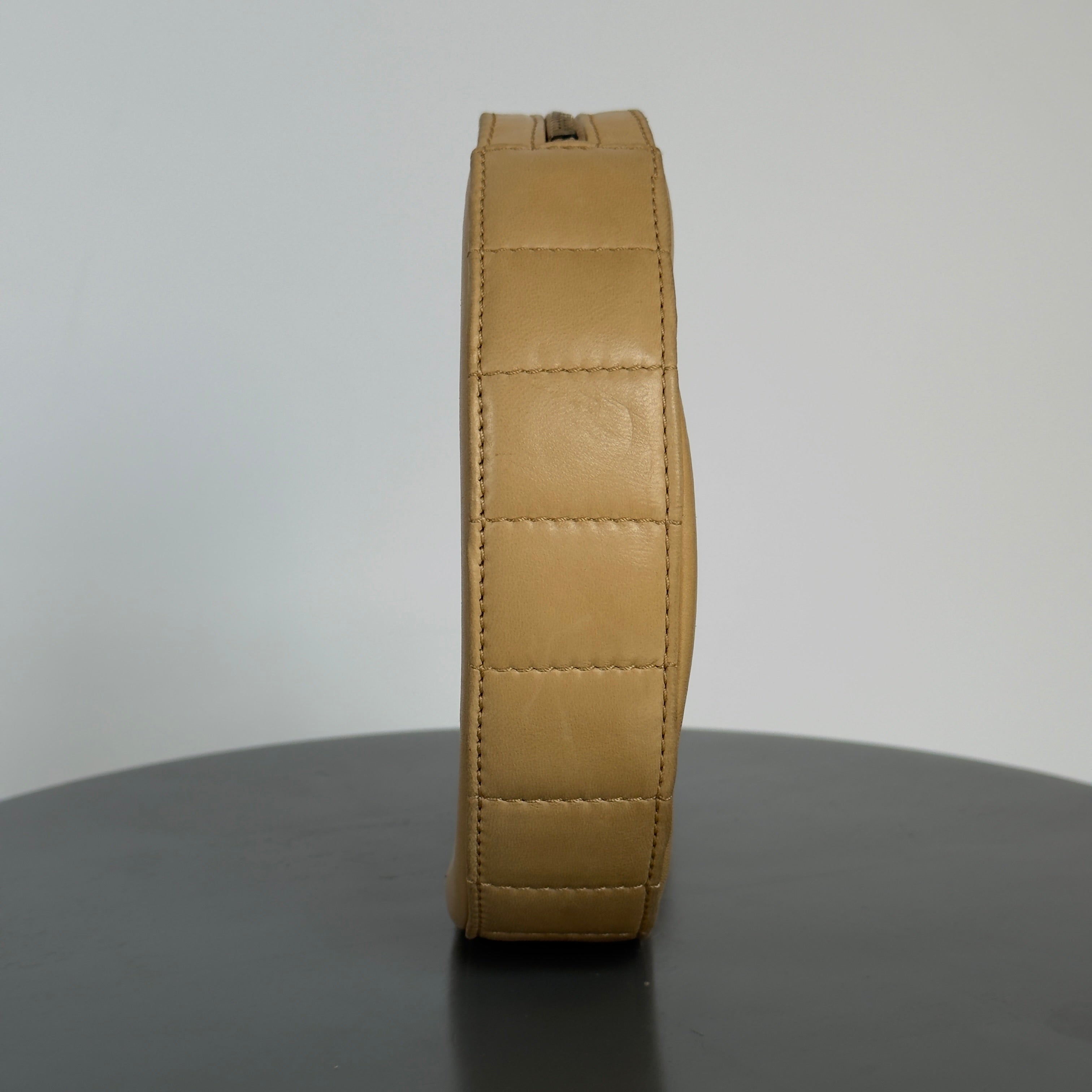 Rare Vintage Chanel CC Logo Circle Tan Leather Wristlet Clutch Bag - Queen May