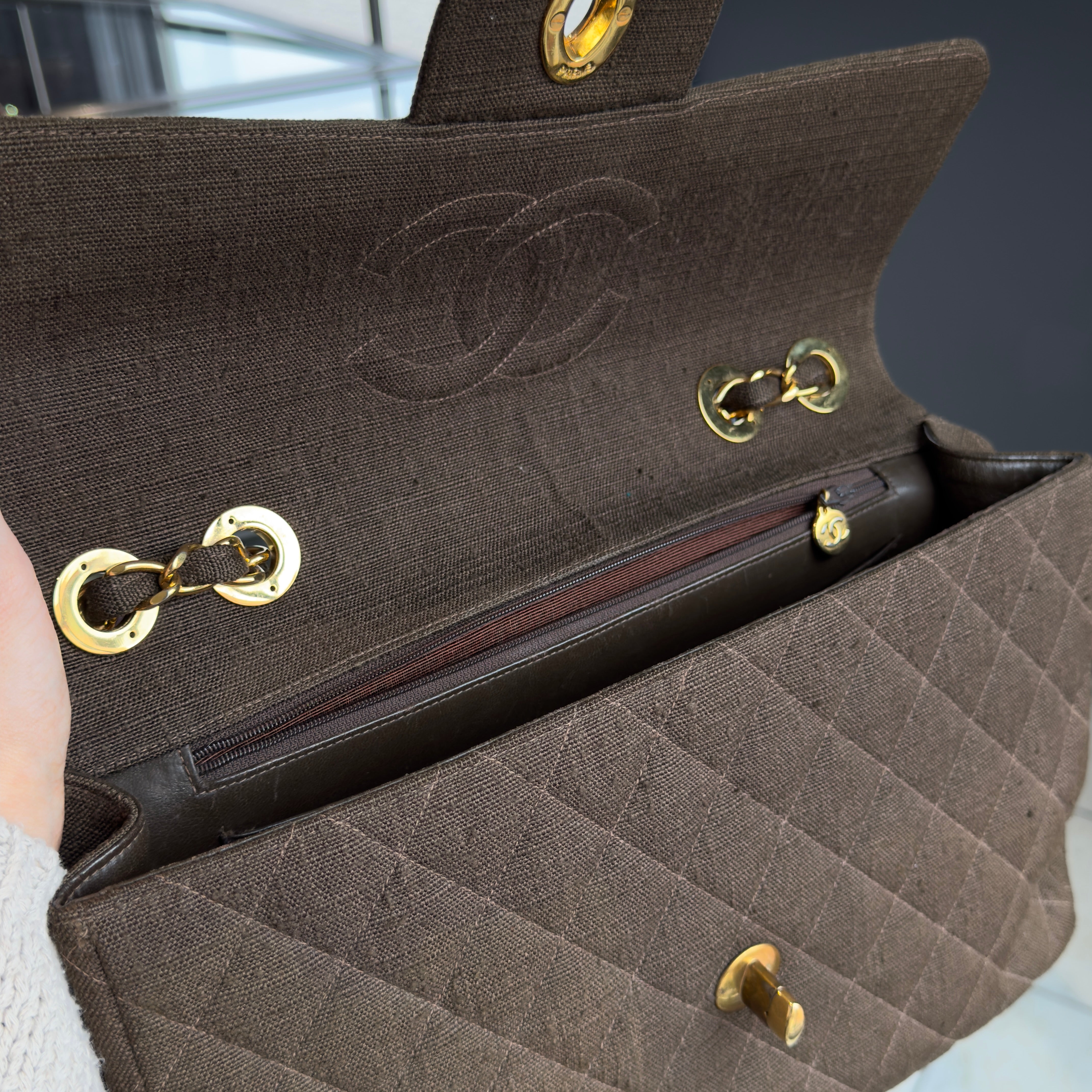 Vintage Chanel Linen Brown Maxi Singleflap - Queen May