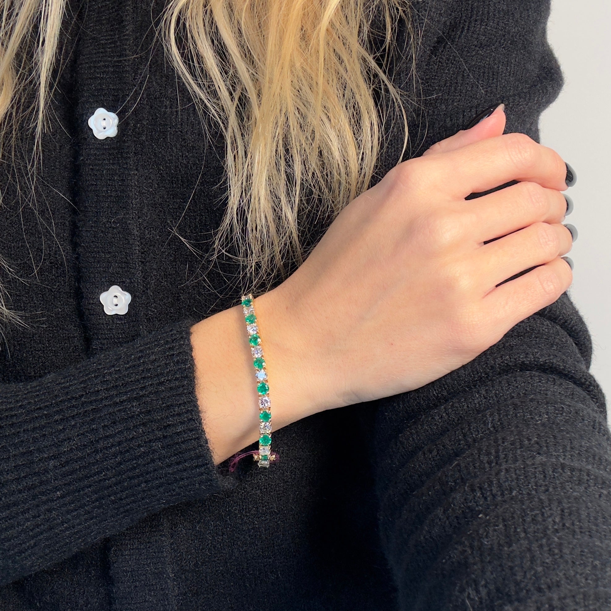 14K Yellow Gold 11.63 Carat Diamond and Emerald Tennis Bracelet