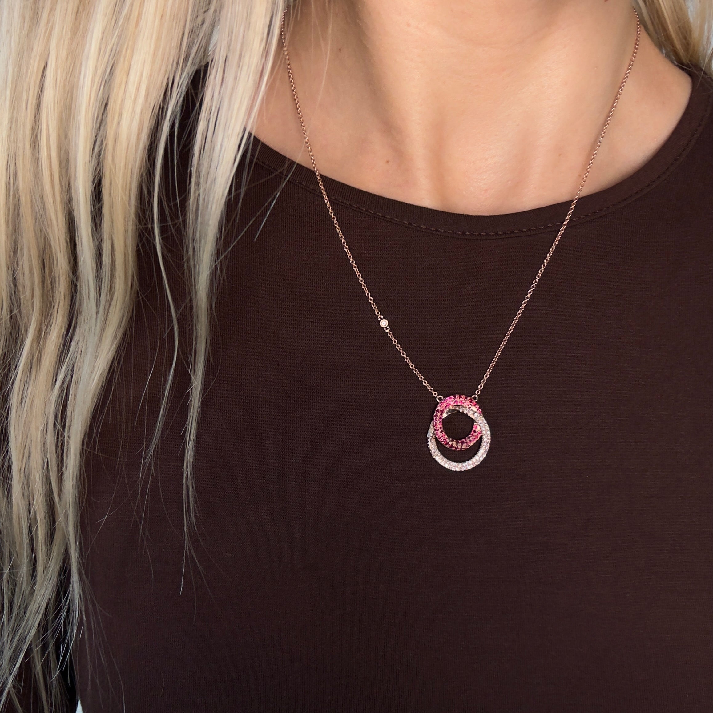 14K Rose Gold Ruby Diamond Interlocking Circle Pendant Necklace - Queen May
