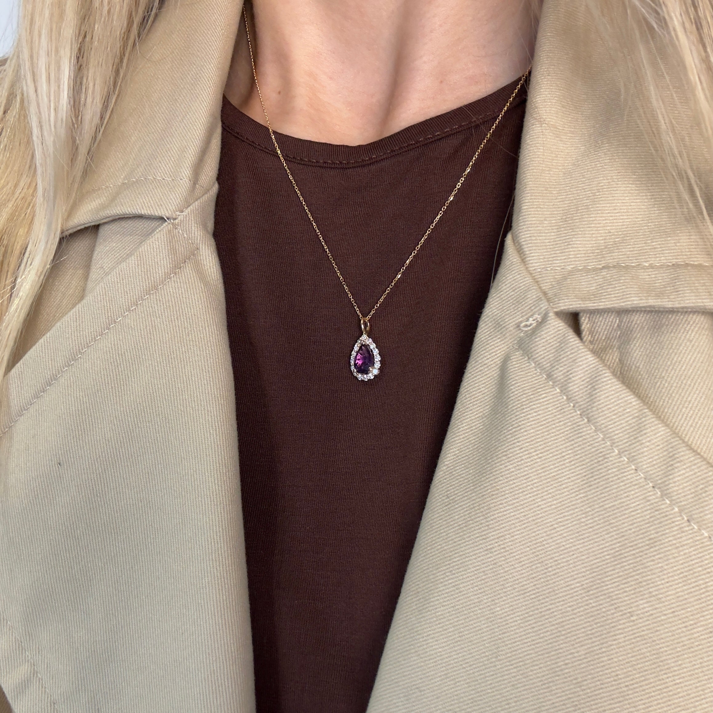 14K Yellow Gold 1 Carat Amethyst Diamond Halo Pendant Necklace - Queen May