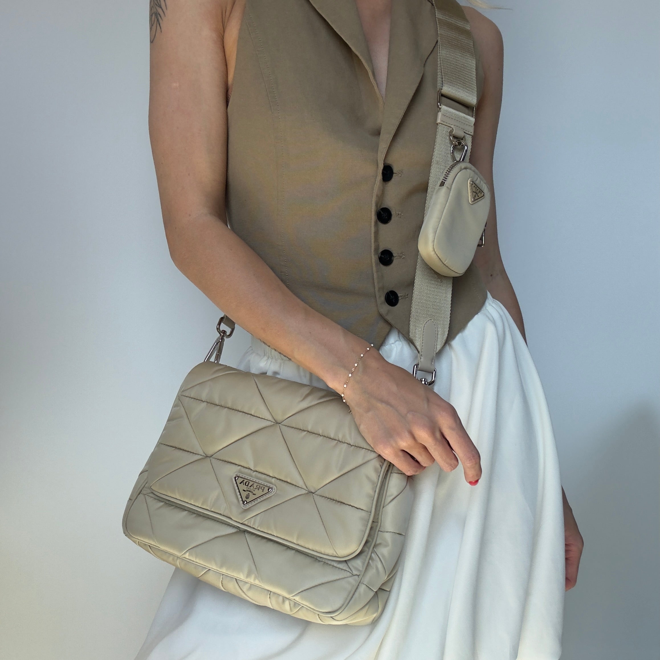 Prada Desert Beige Padded Re-Nylon Shoulder Bag - Queen May