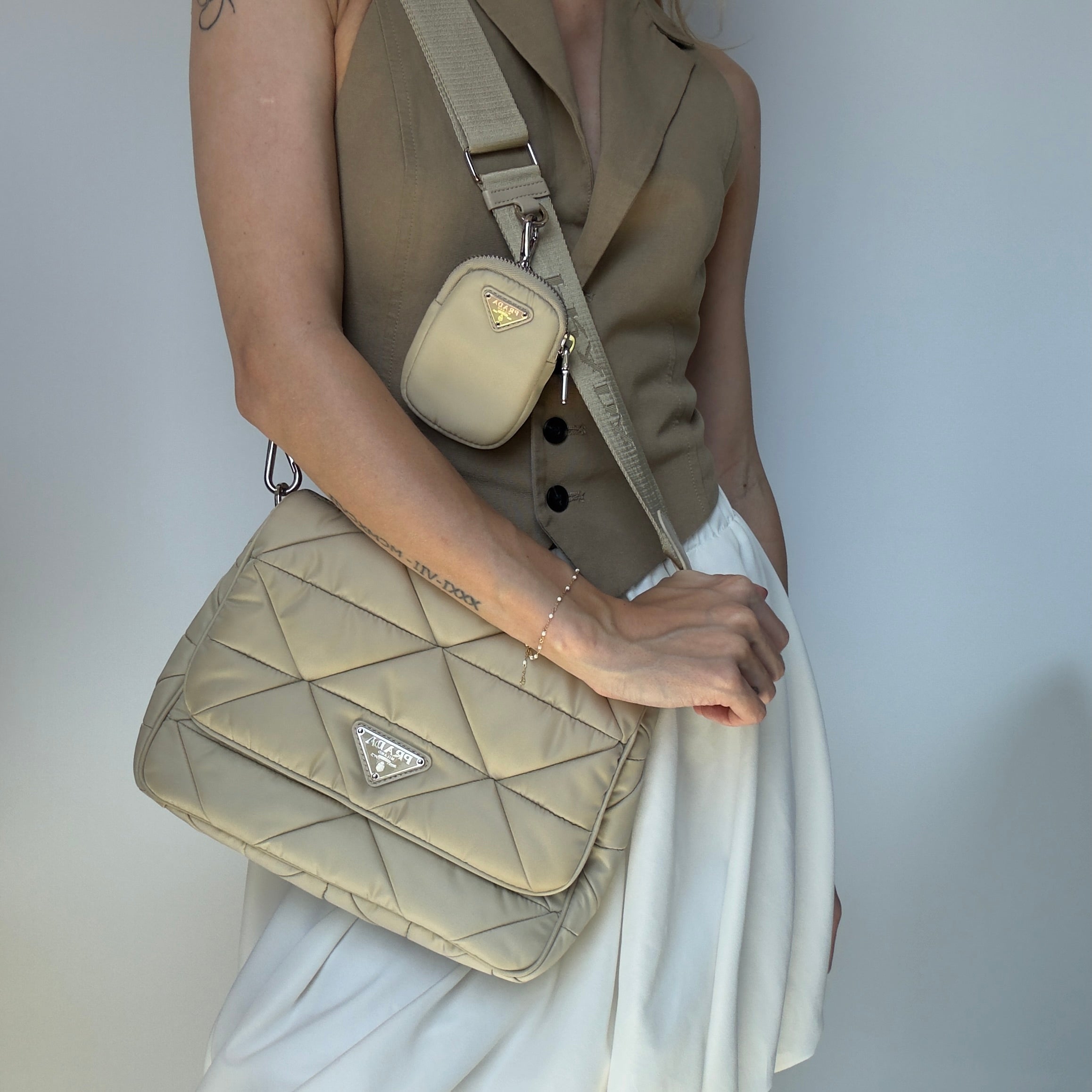 Prada Desert Beige Padded Re-Nylon Shoulder Bag - Queen May