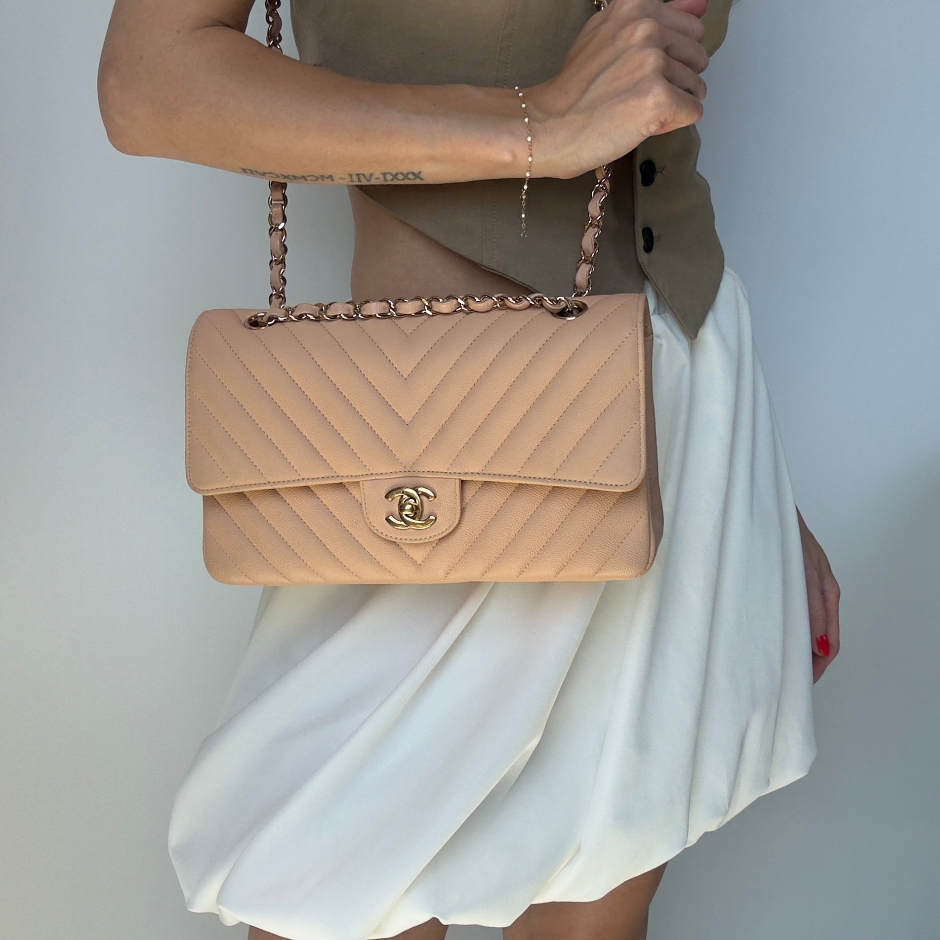 Chanel Caviar Chevron Quilted Medium Double Flap Beige - Queen May