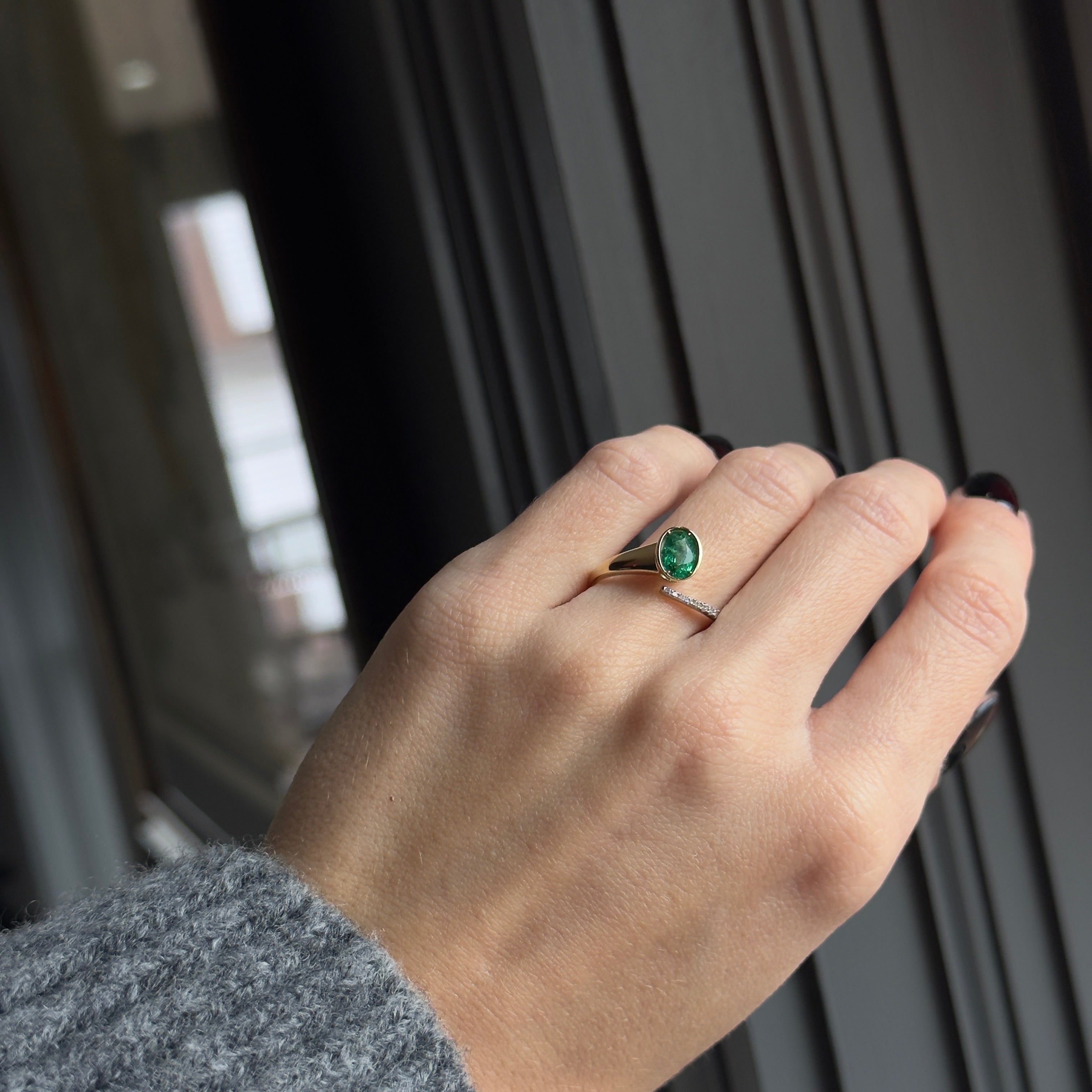 14K Yellow Gold 0.64 Carat Oval Emerald Diamond Open Wrap Ring - Queen May