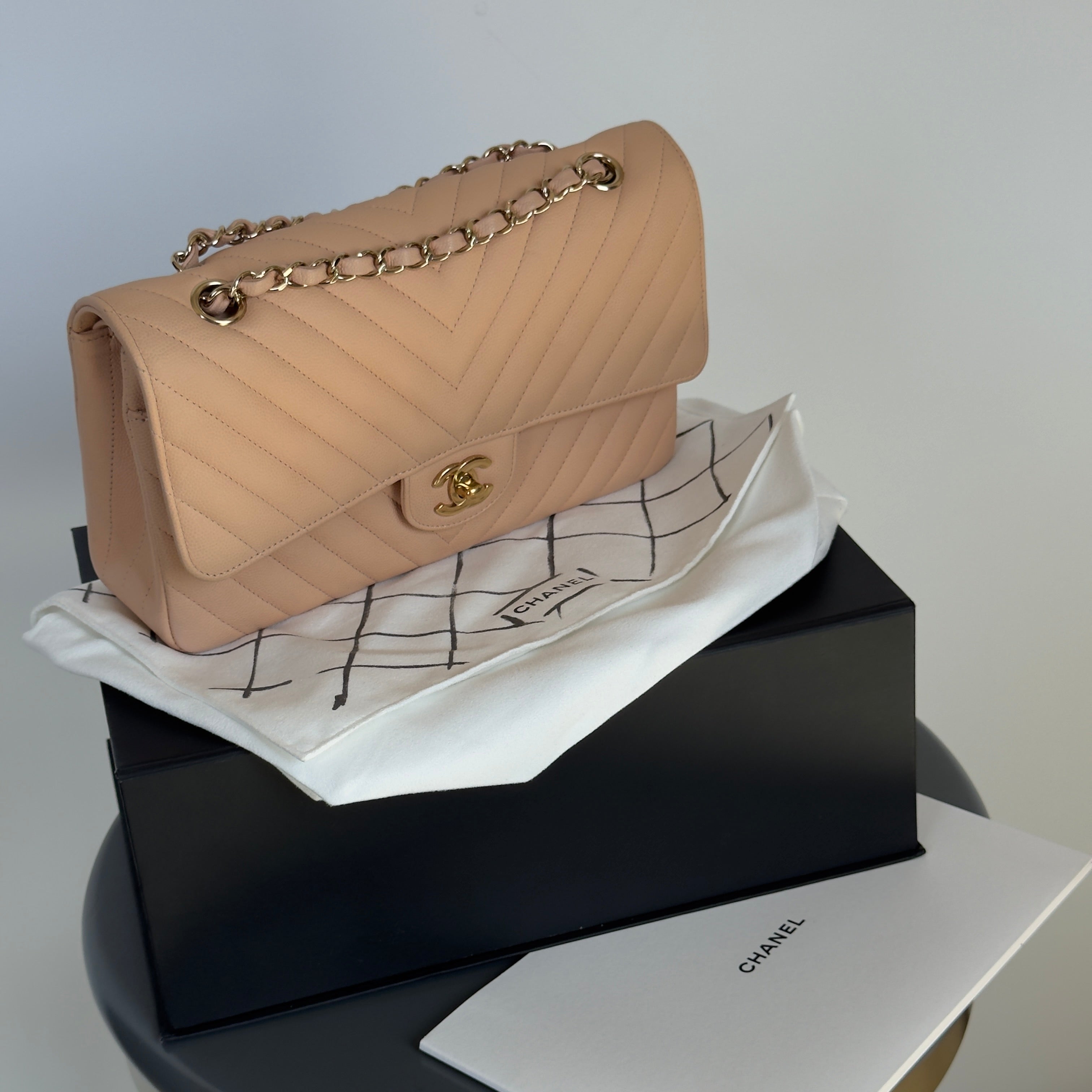 Chanel Caviar Chevron Quilted Medium Double Flap Beige - Queen May