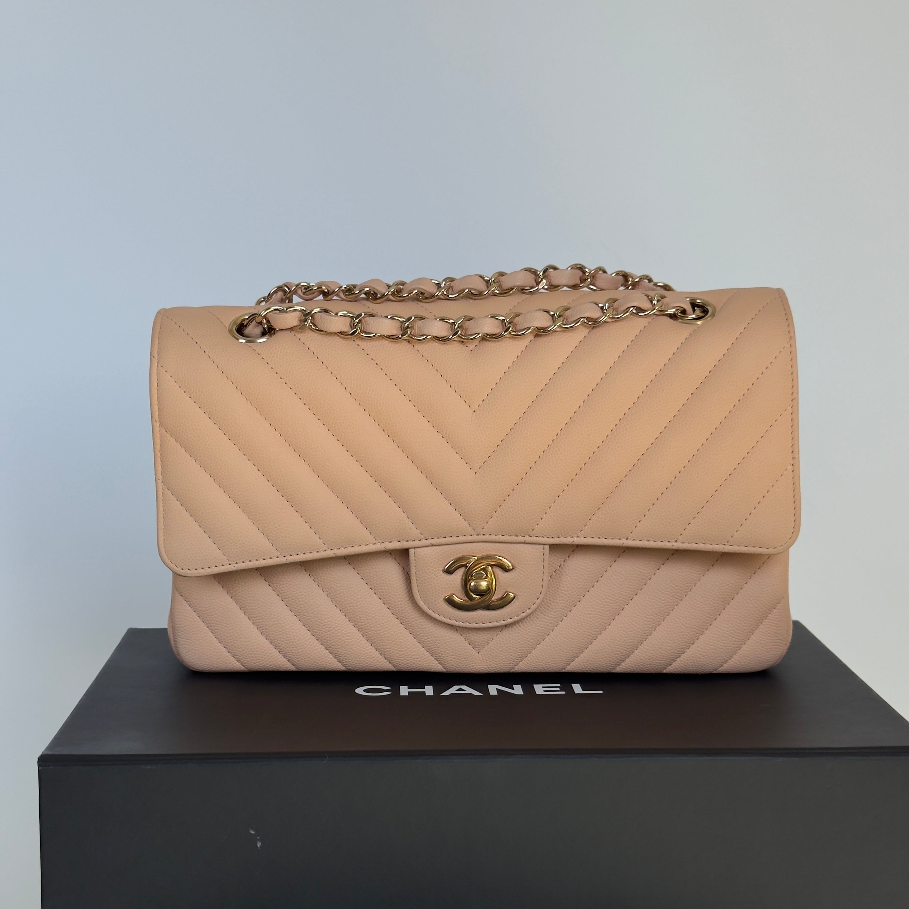 Chanel Caviar Chevron Quilted Medium Double Flap Beige - Queen May