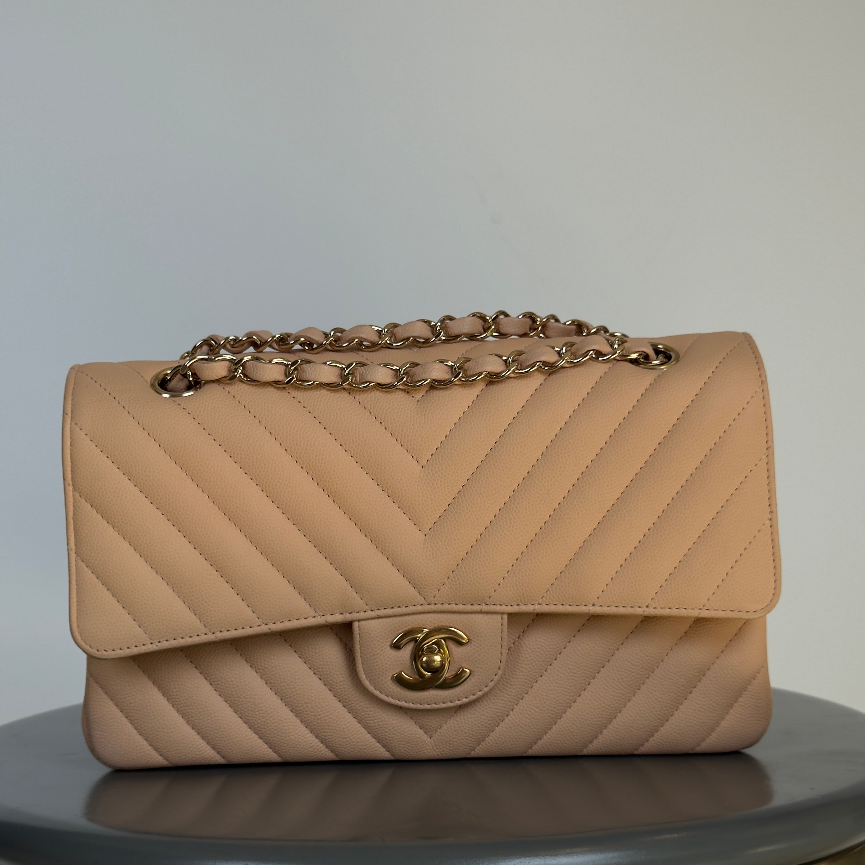 Chanel Caviar Chevron Quilted Medium Double Flap Beige - Queen May