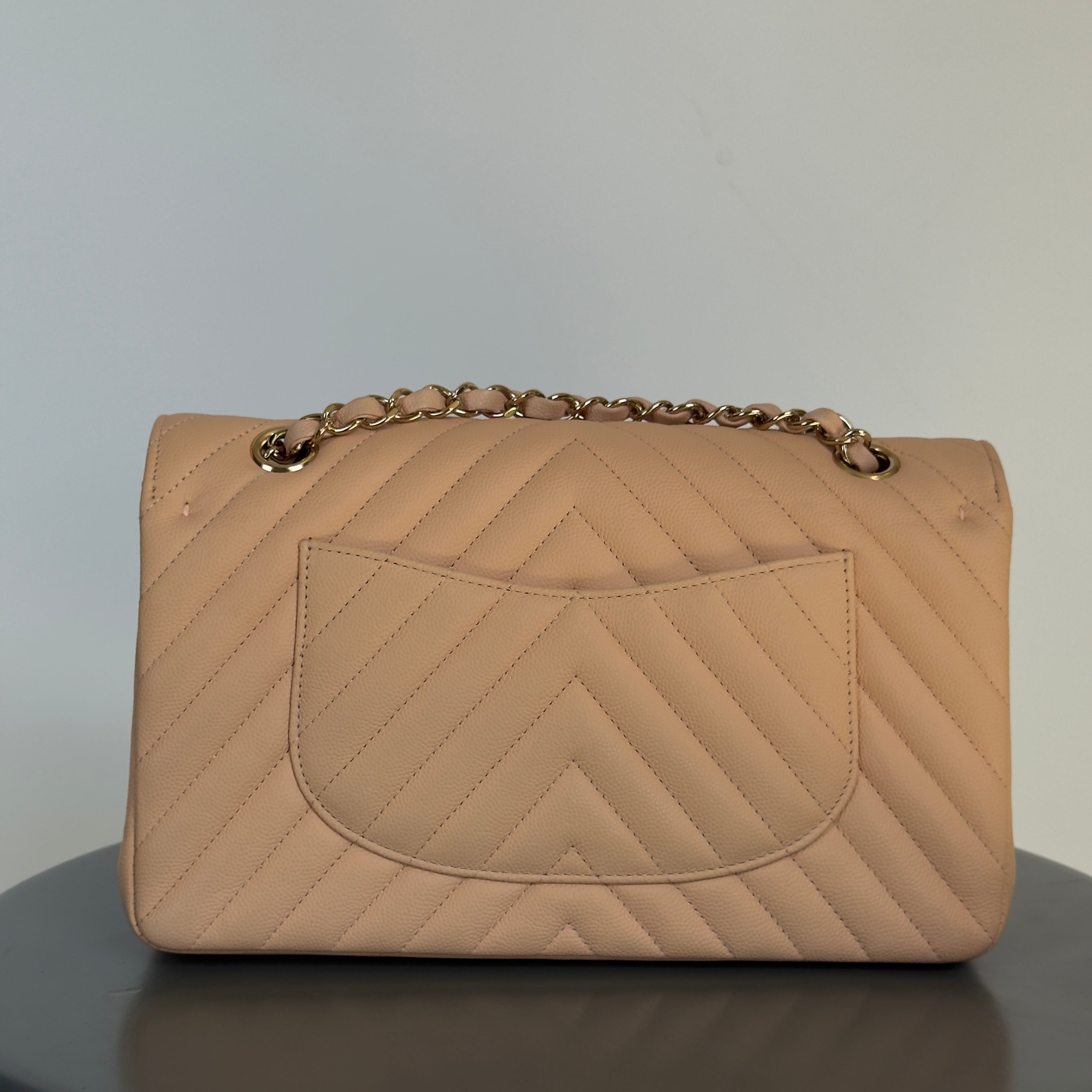 Chanel Caviar Chevron Quilted Medium Double Flap Beige - Queen May