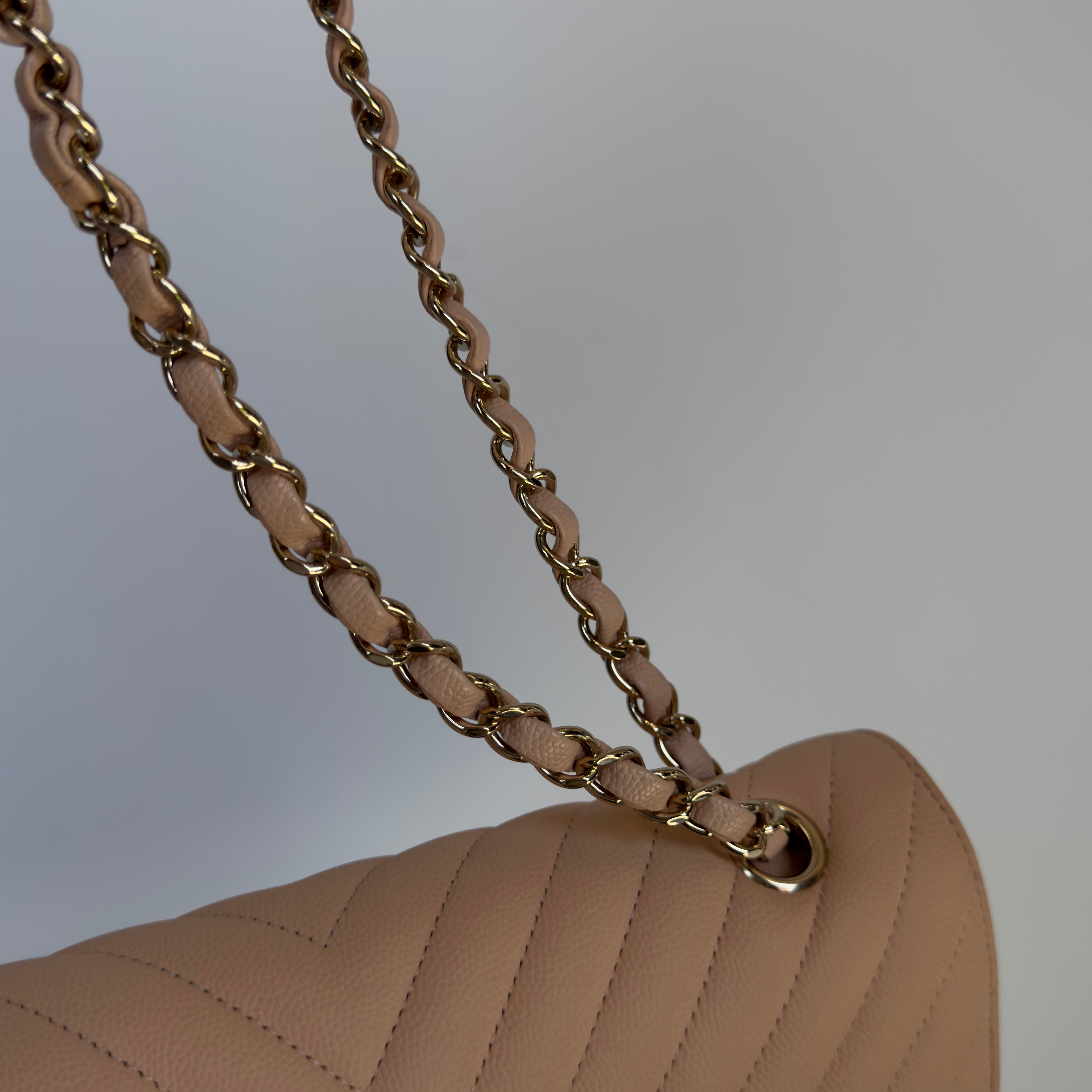 Chanel Caviar Chevron Quilted Medium Double Flap Beige - Queen May