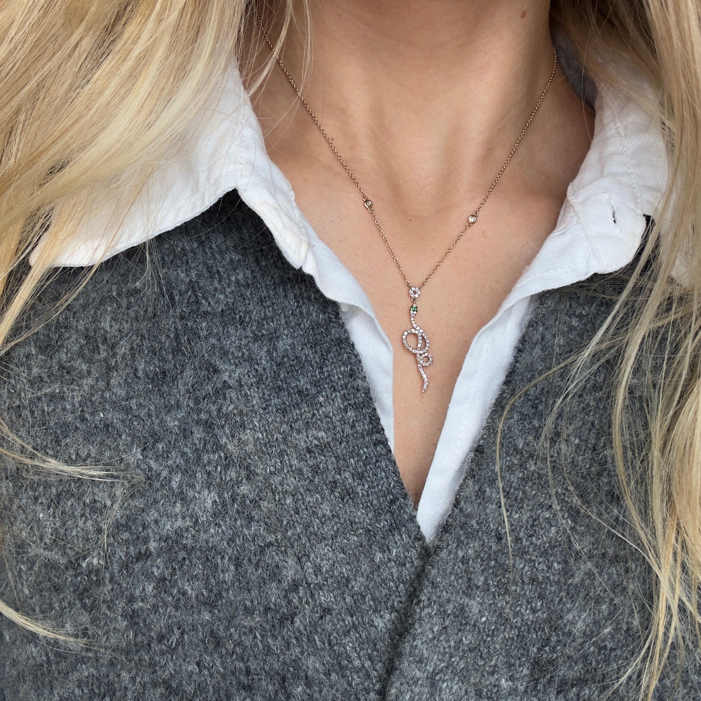 14K Yellow Gold Diamond Tsavorite Snake Pendant Necklace - Queen May