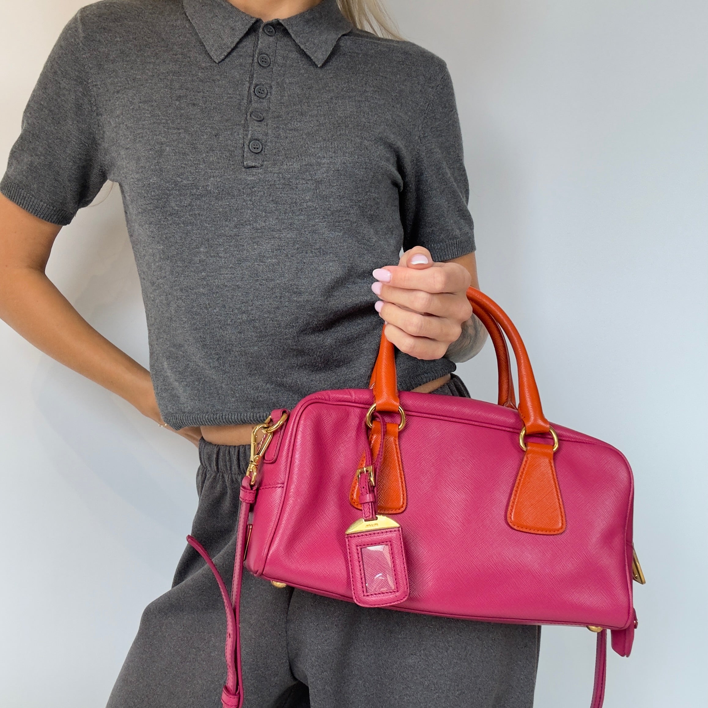 Prada Saffiano Bowling Bag in Pink and Orange - Queen May
