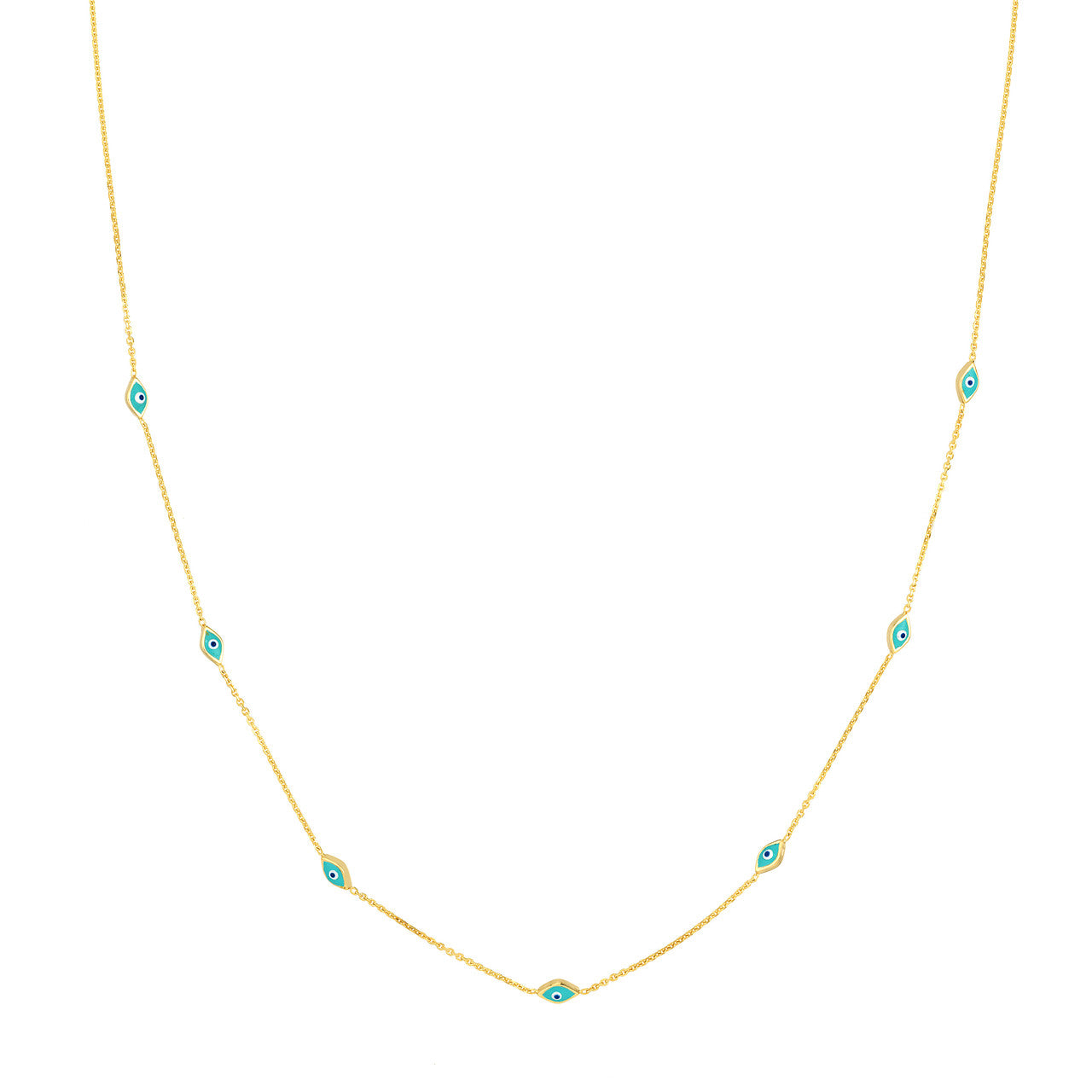 14K Yellow Gold Turquoise Enamel Evil Eye Station Necklace - Queen May