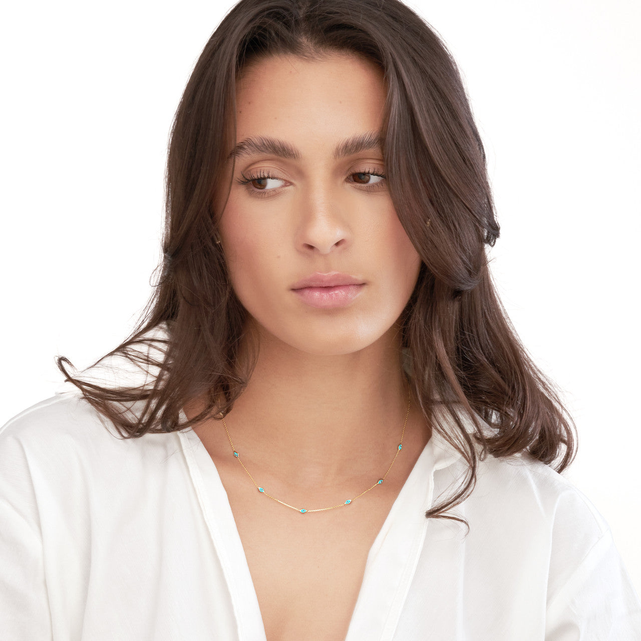 14K Yellow Gold Turquoise Enamel Evil Eye Station Necklace - Queen May