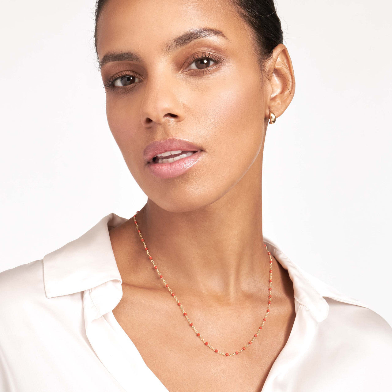 14K Yellow Gold Red Enamel Bead Piatto Necklace - Queen May