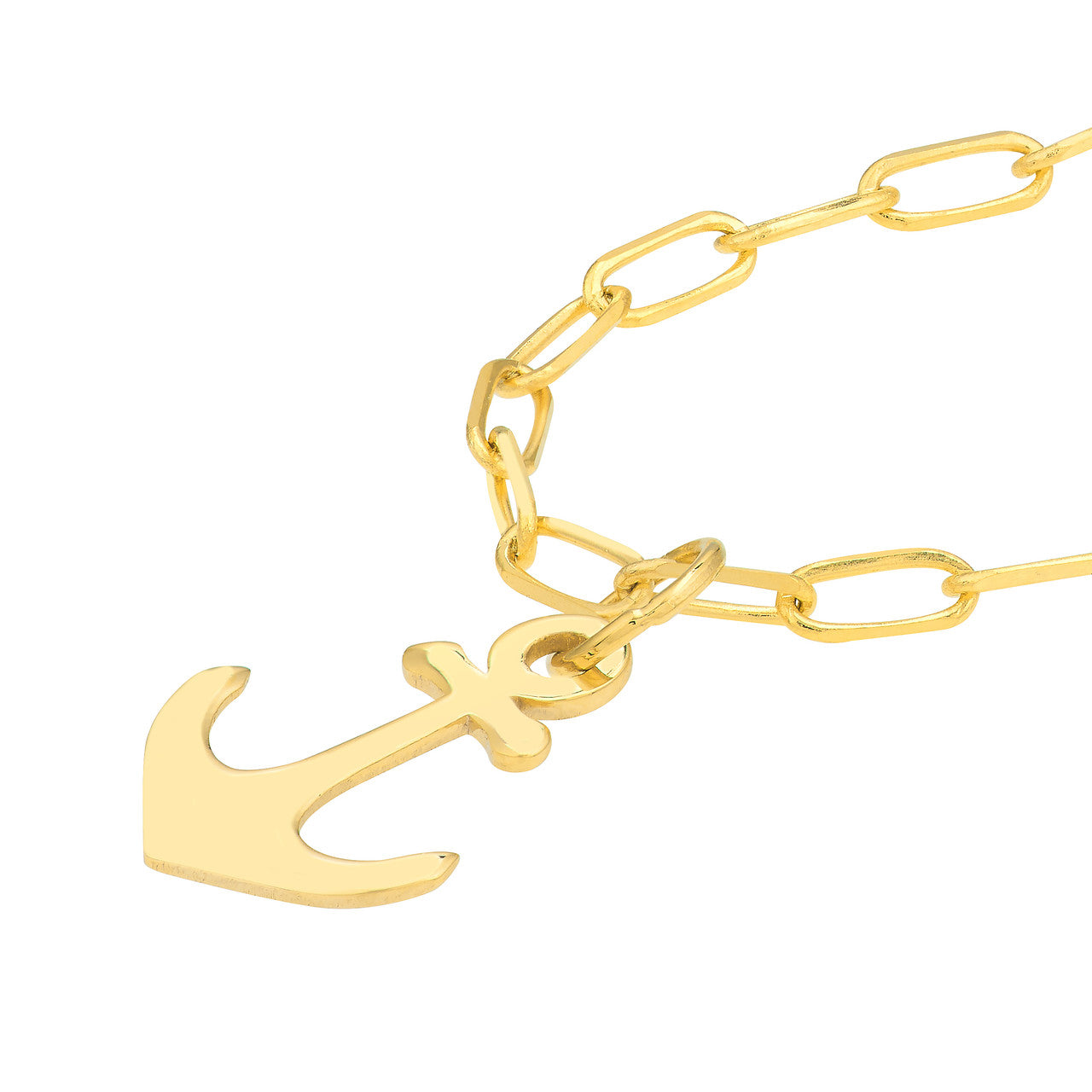 14K Yellow Gold Mini Anchor Pendant Paperclip Chain Necklace - Queen May