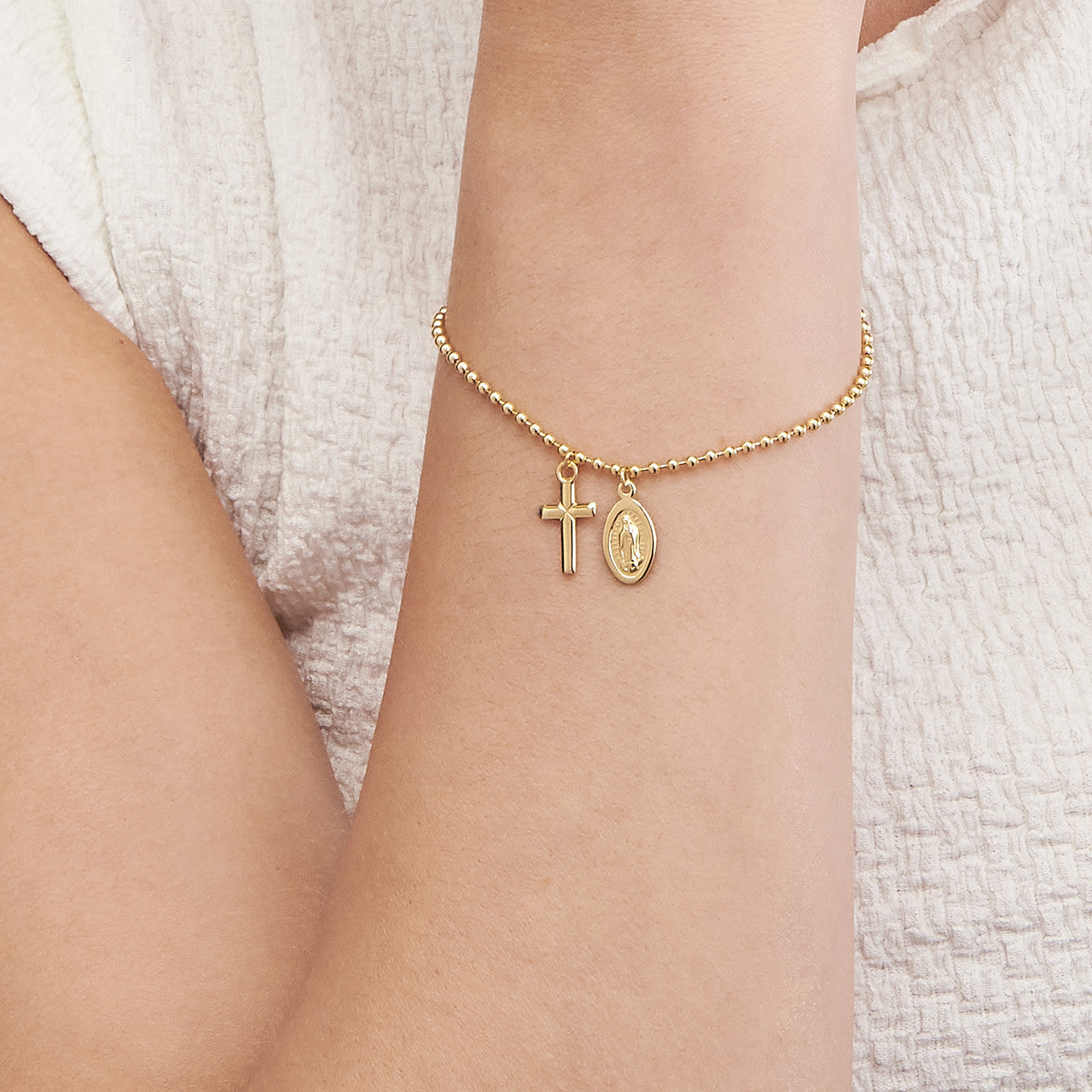 14K Yellow Gold Virgin Mary and Cross Bead Bracelet - Queen May