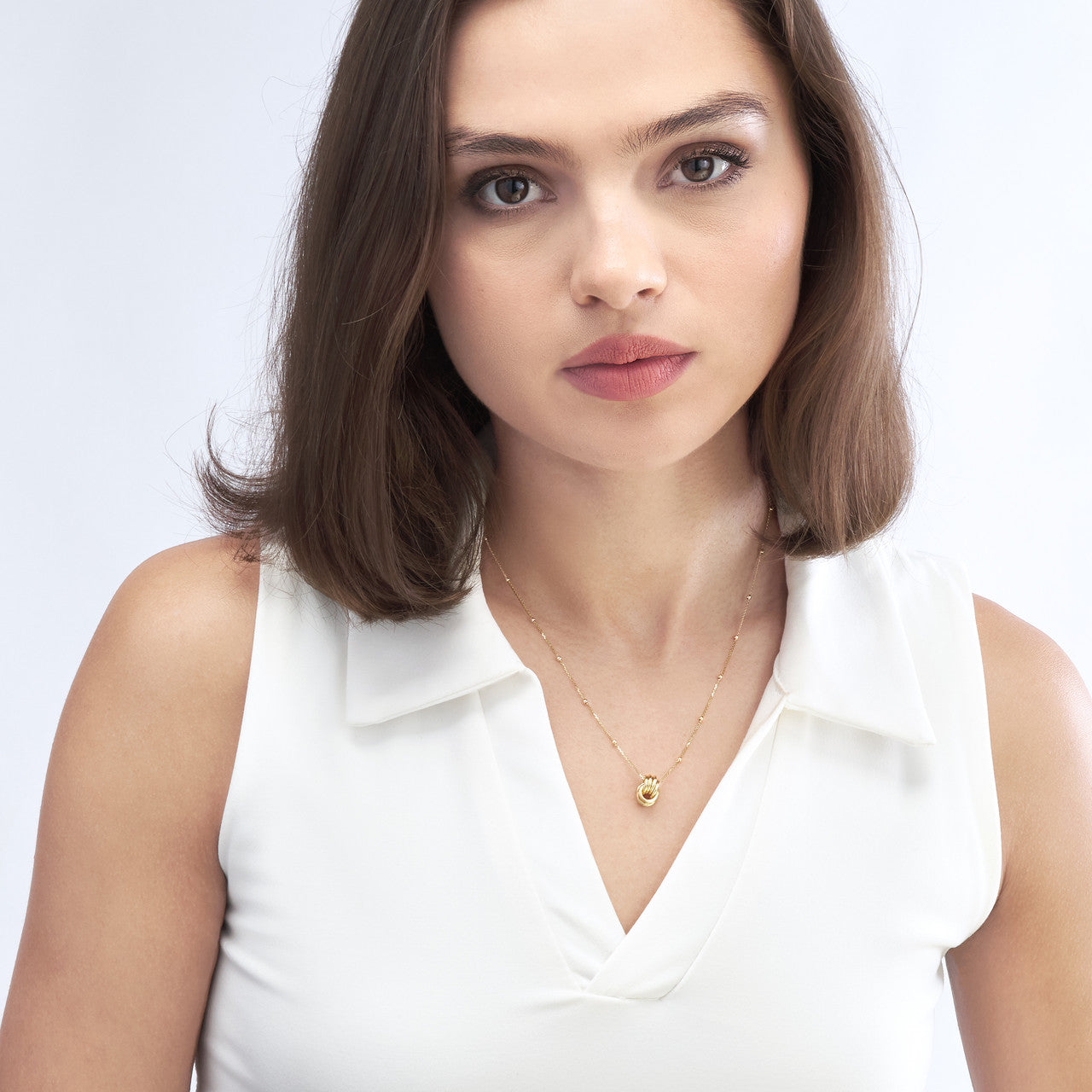 14K Yellow Gold Love Knot Pendant Bead Station Necklace - Queen May