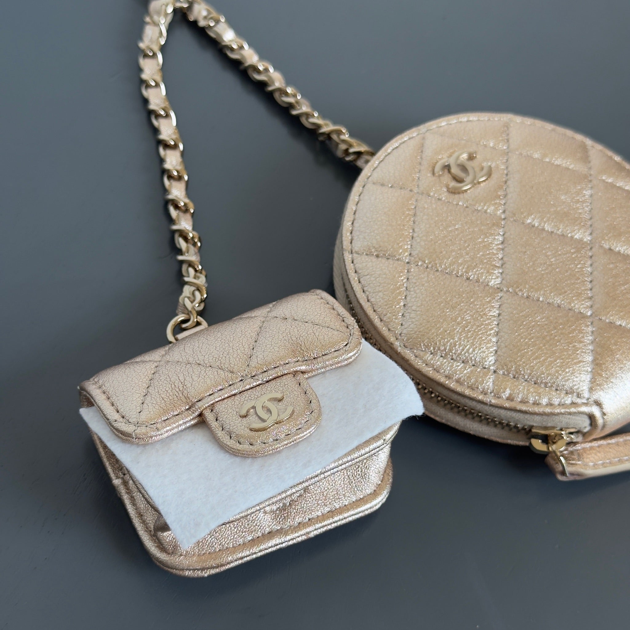 Chanel Metallic Lambskin Quilted Round Clip On Coin Purse Airpods Case - Queen May