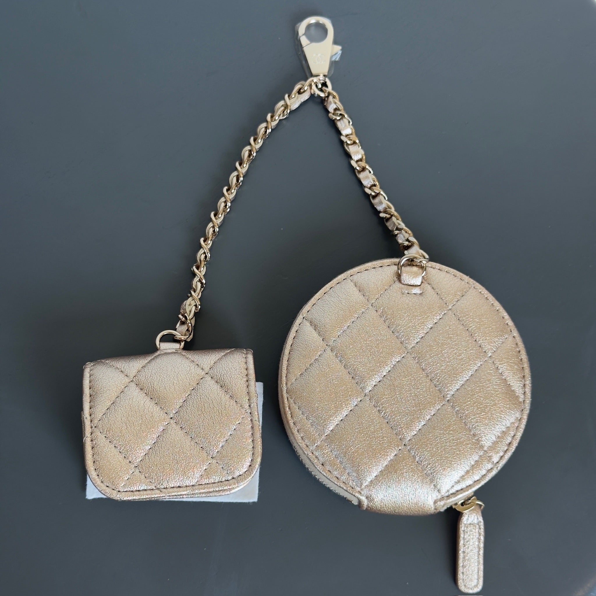 Chanel Metallic Lambskin Quilted Round Clip On Coin Purse Airpods Case - Queen May