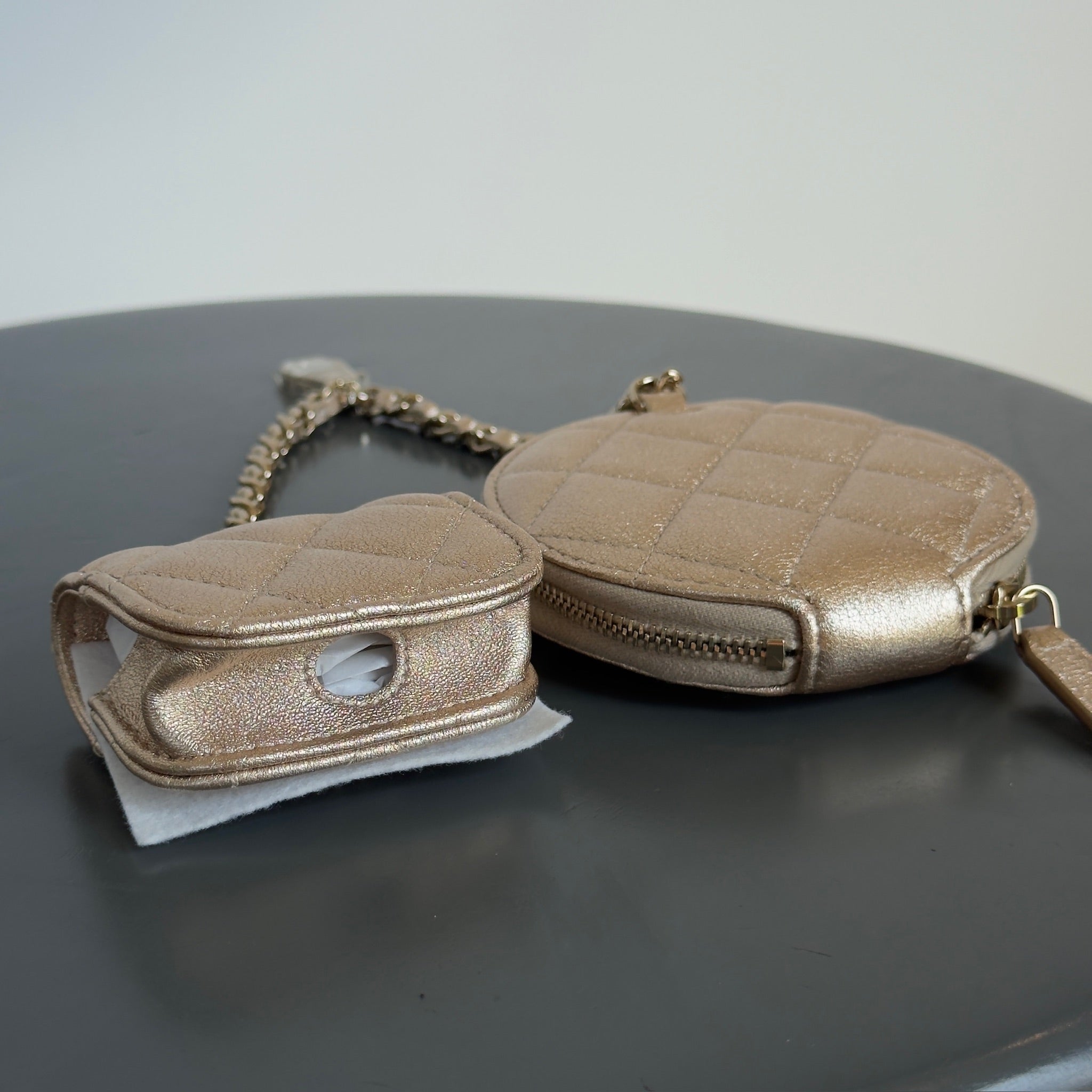 Chanel Metallic Lambskin Quilted Round Clip On Coin Purse Airpods Case - Queen May