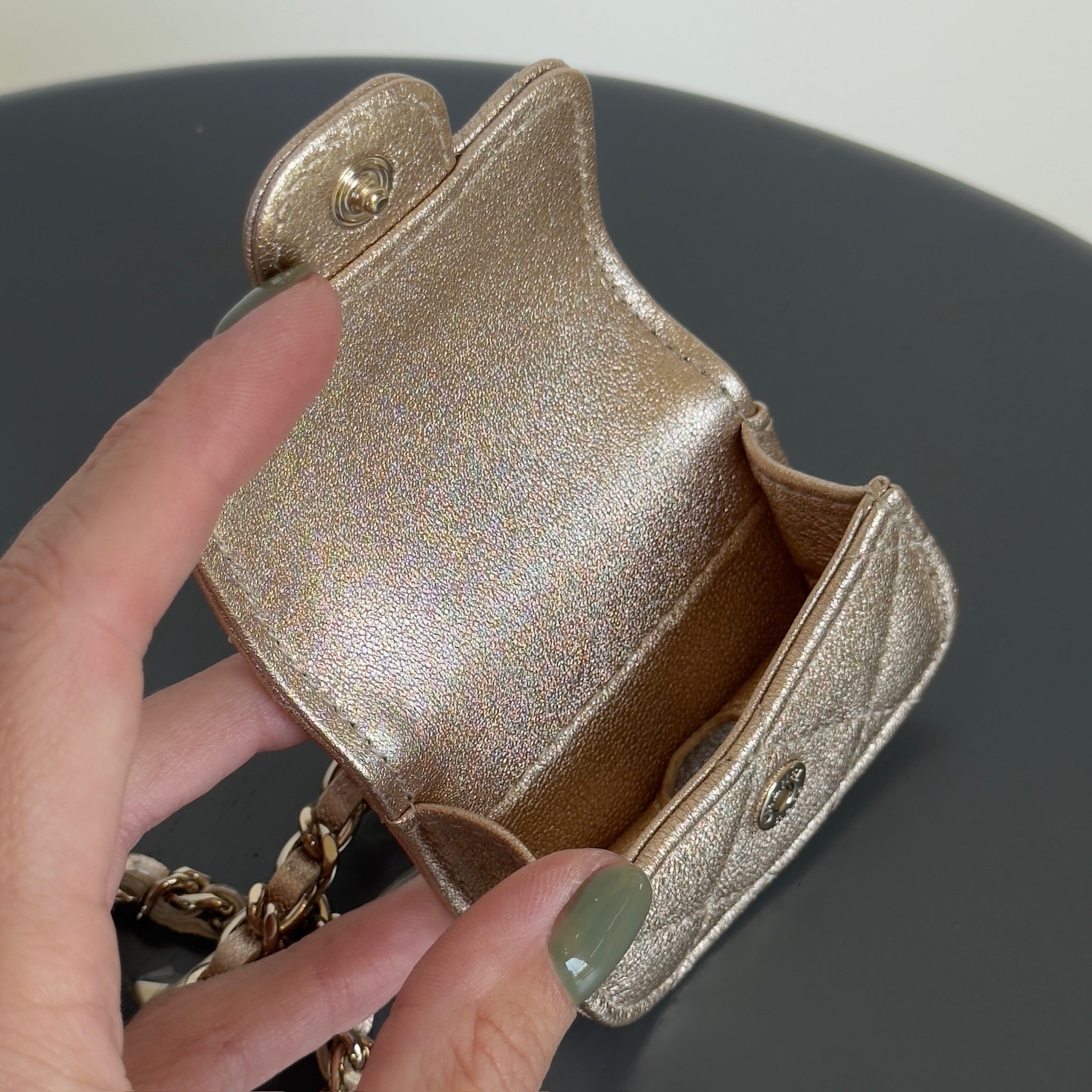 Chanel Metallic Lambskin Quilted Round Clip On Coin Purse Airpods Case - Queen May