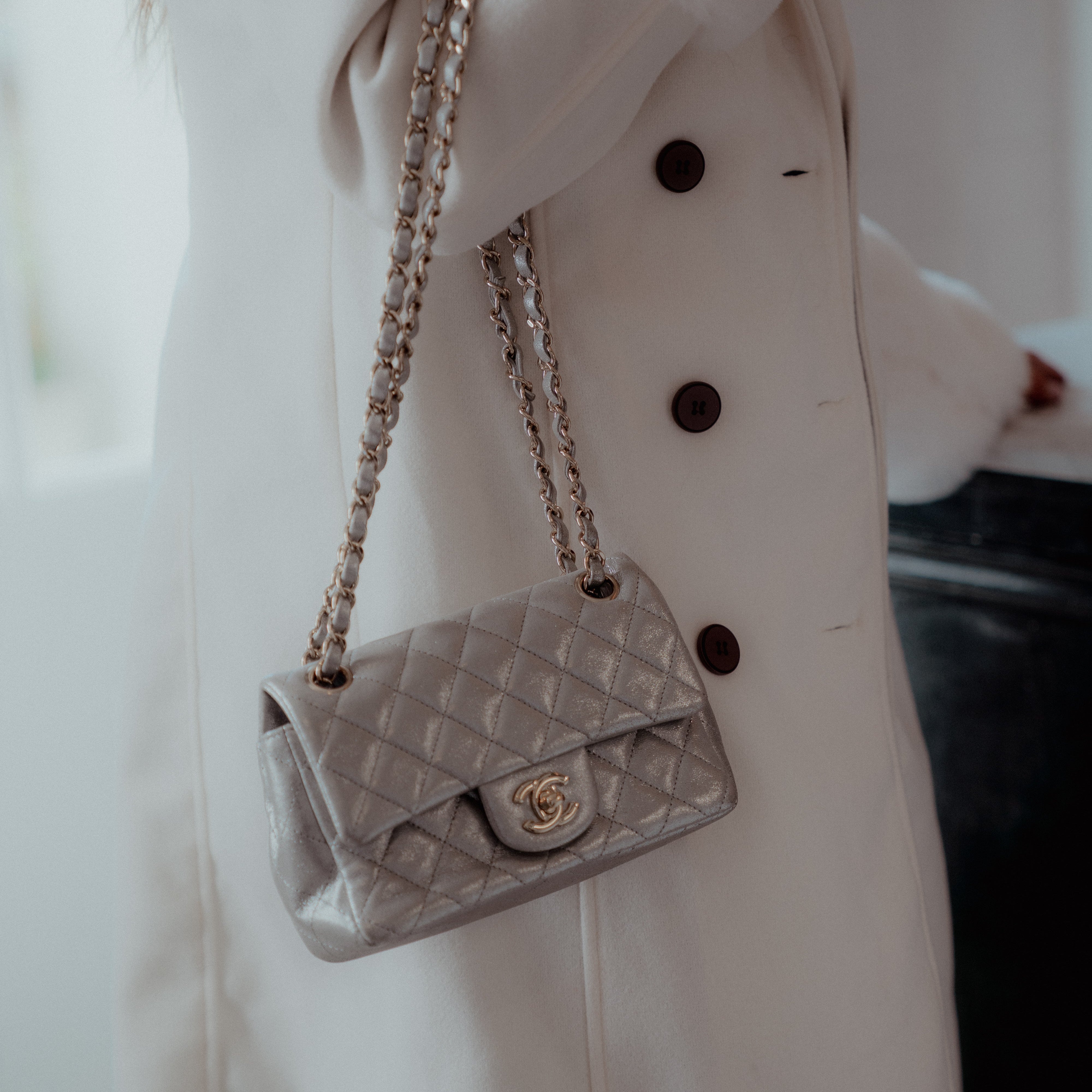 Chanel Iridescent Calfskin Quilted Mini Rectangular Flap Silver - Queen May