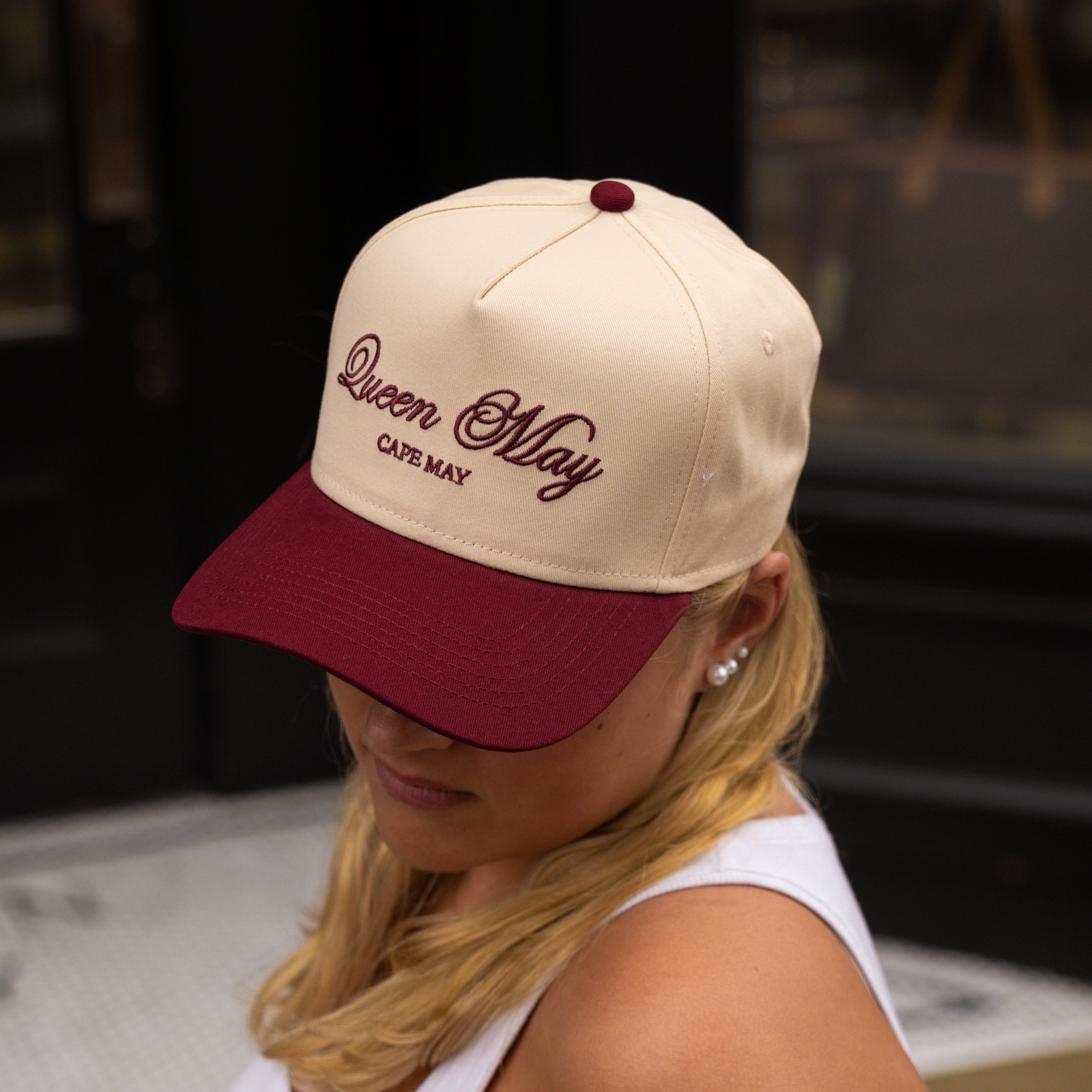 Queen May Embroidered Hat Burgundy and Cream - Queen May