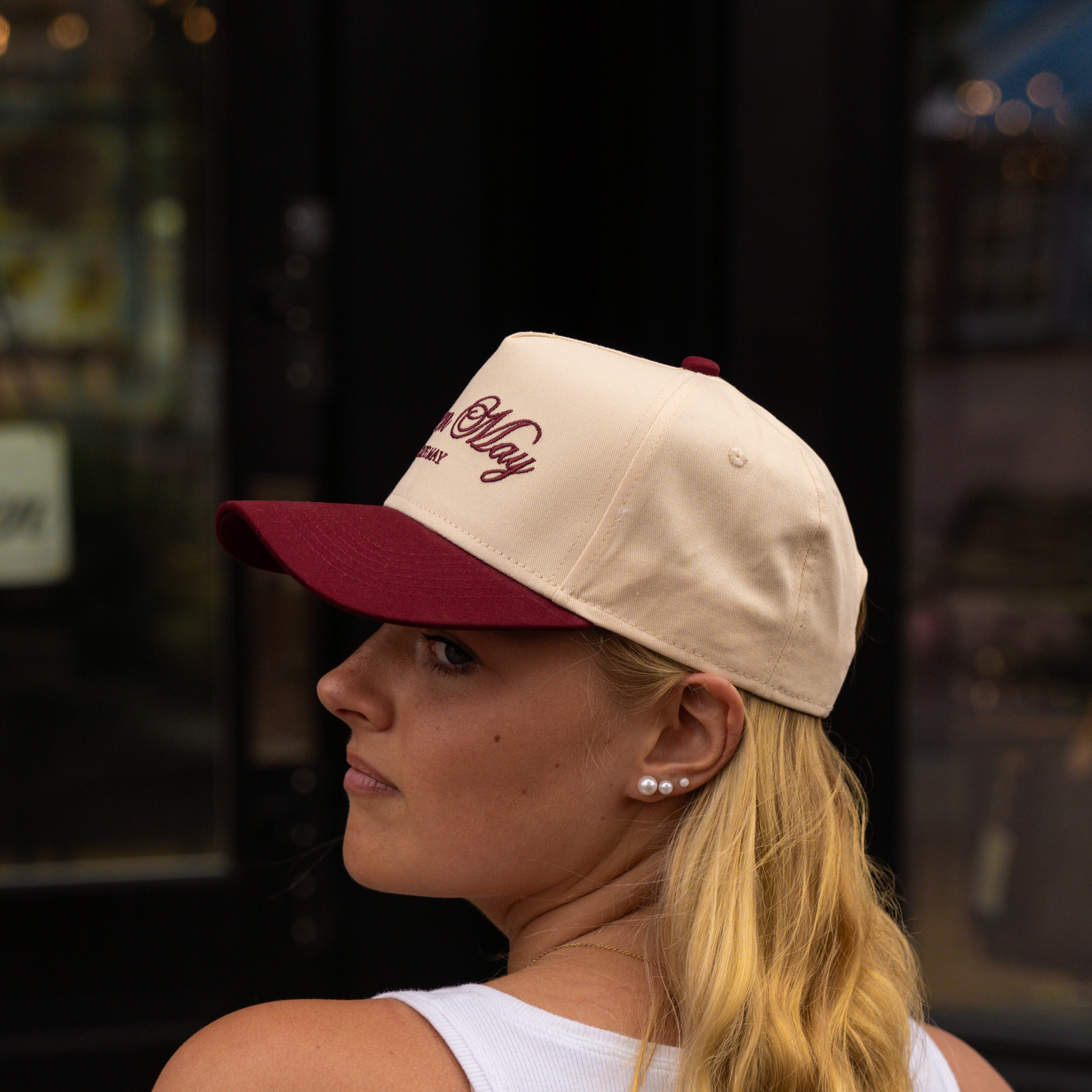 Queen May Embroidered Hat Burgundy and Cream - Queen May