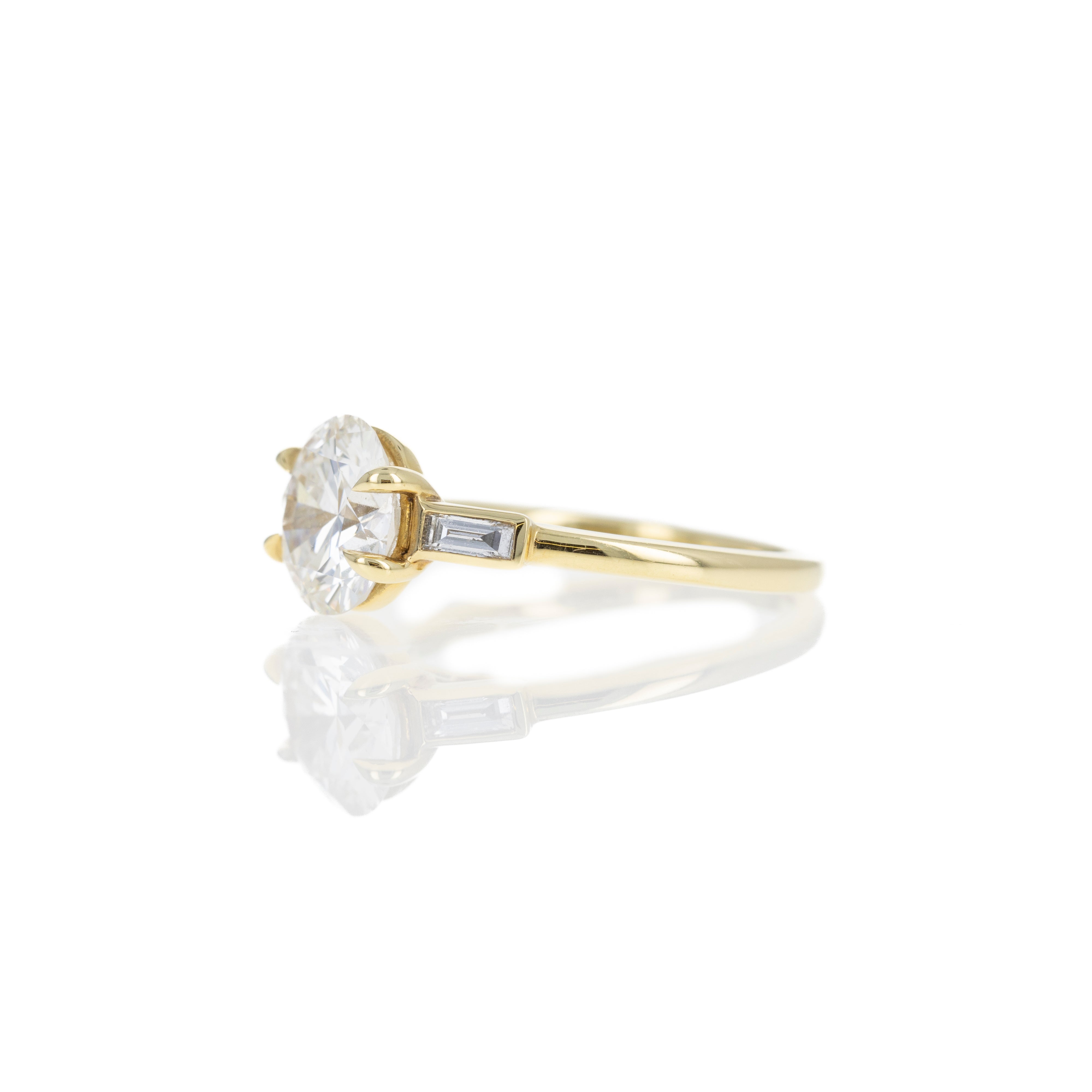 18K Yellow Gold 2.31 Carat Round Brilliant Diamond Three Stone Baguette Engagement Ring - Queen May