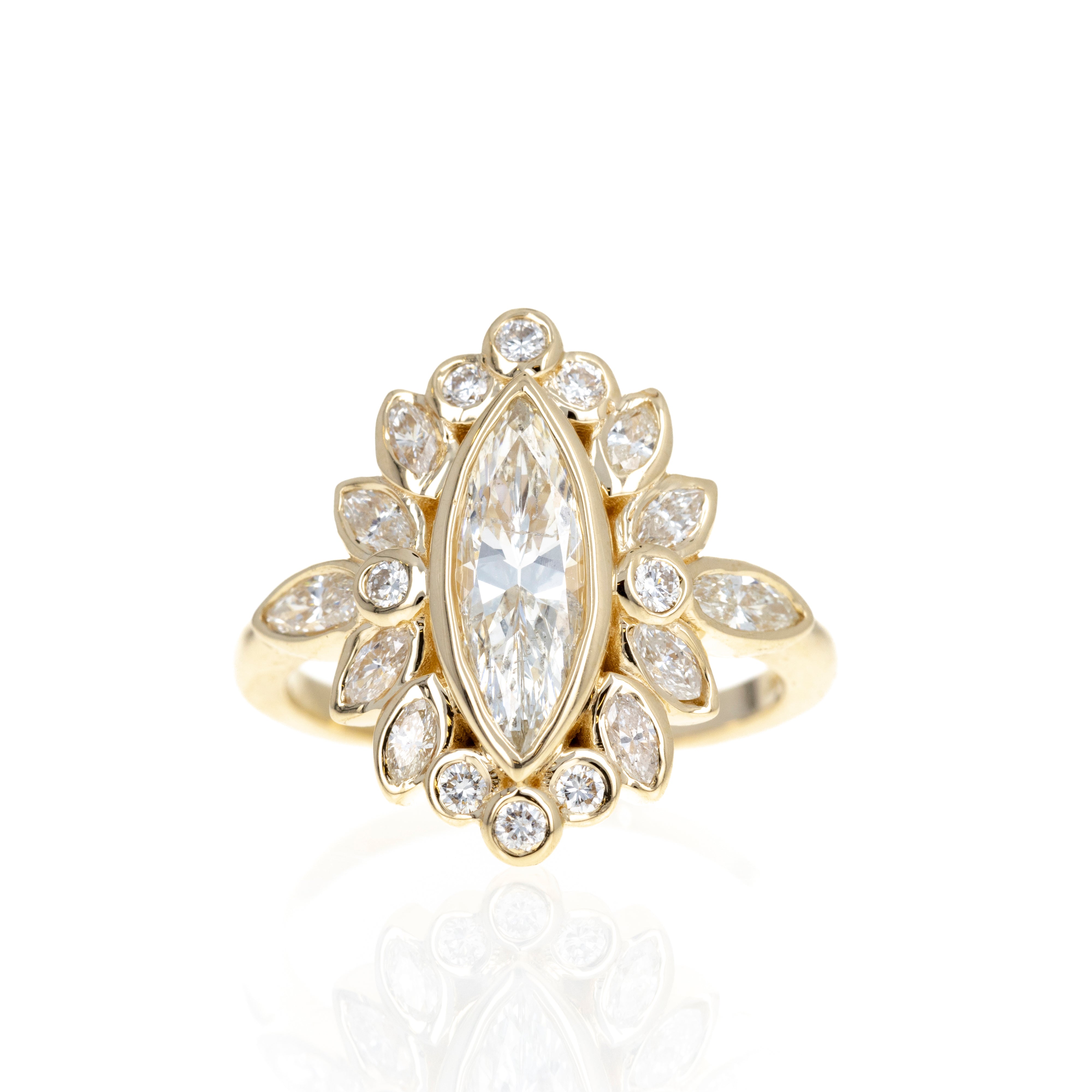 14K Yellow Gold 1.15 Carat Marquise Diamond Bezel Cluster Ring - Queen May