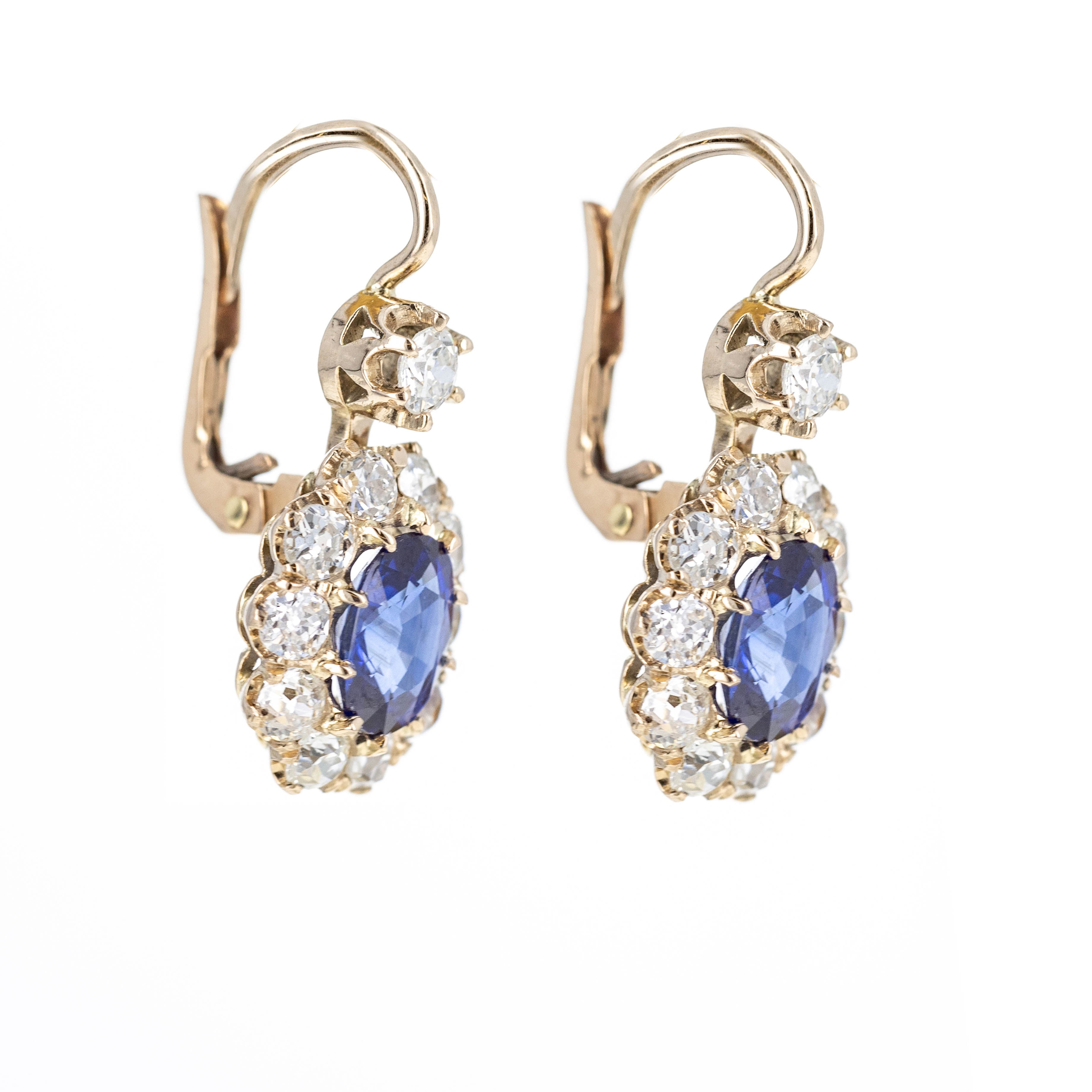 Victorian Inspired 18K Yellow Gold 3.86 Carat Sapphire Diamond Halo Drop Earrings - Queen May