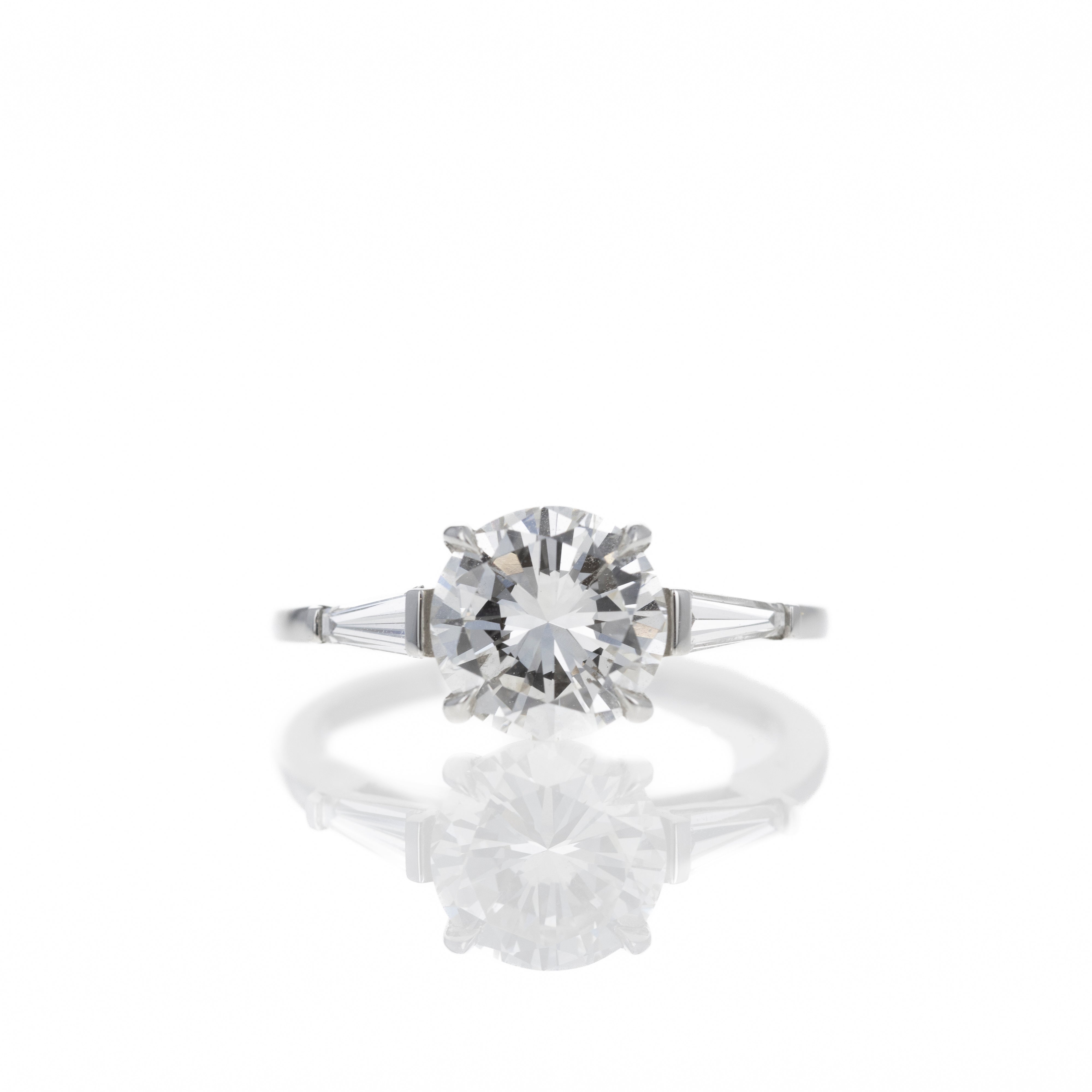 Platinum 2.03 Carat Round Brilliant Cut Diamond Tapered Baguette Engagement Ring - Queen May