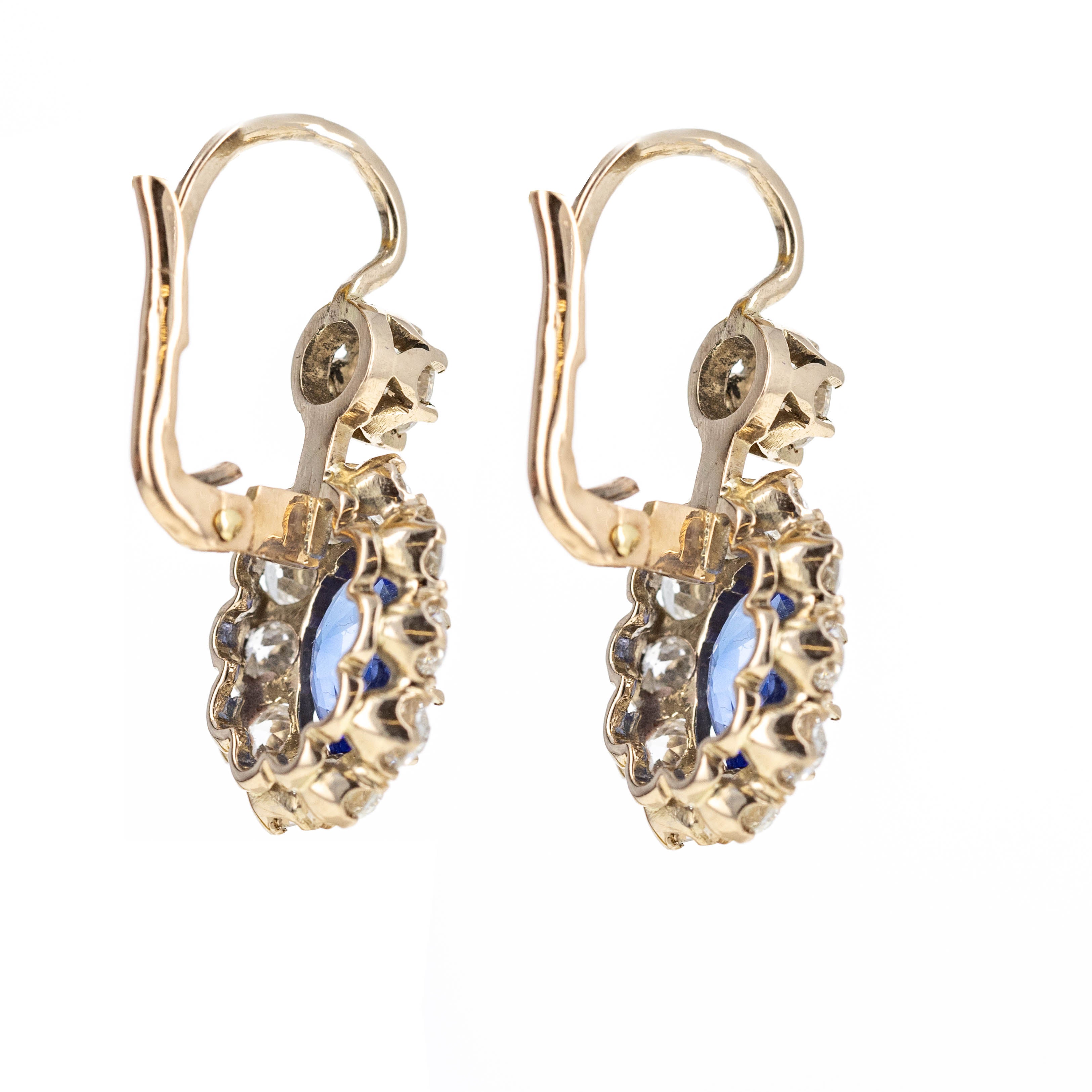 Victorian Inspired 18K Yellow Gold 3.86 Carat Sapphire Diamond Halo Drop Earrings - Queen May
