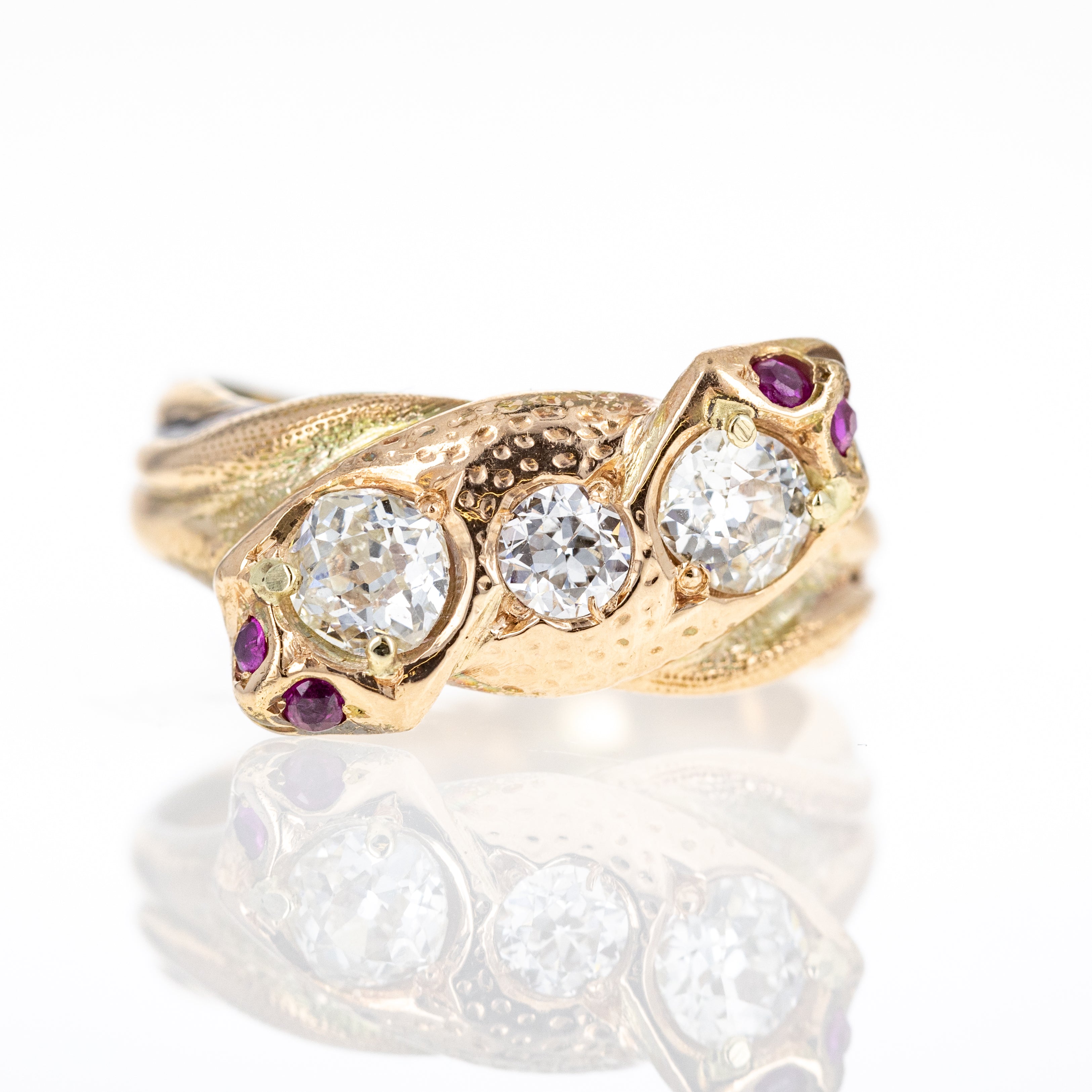 Victorian 18K Yellow Gold Old European Cut Diamond and Ruby Snake Ring - Queen May