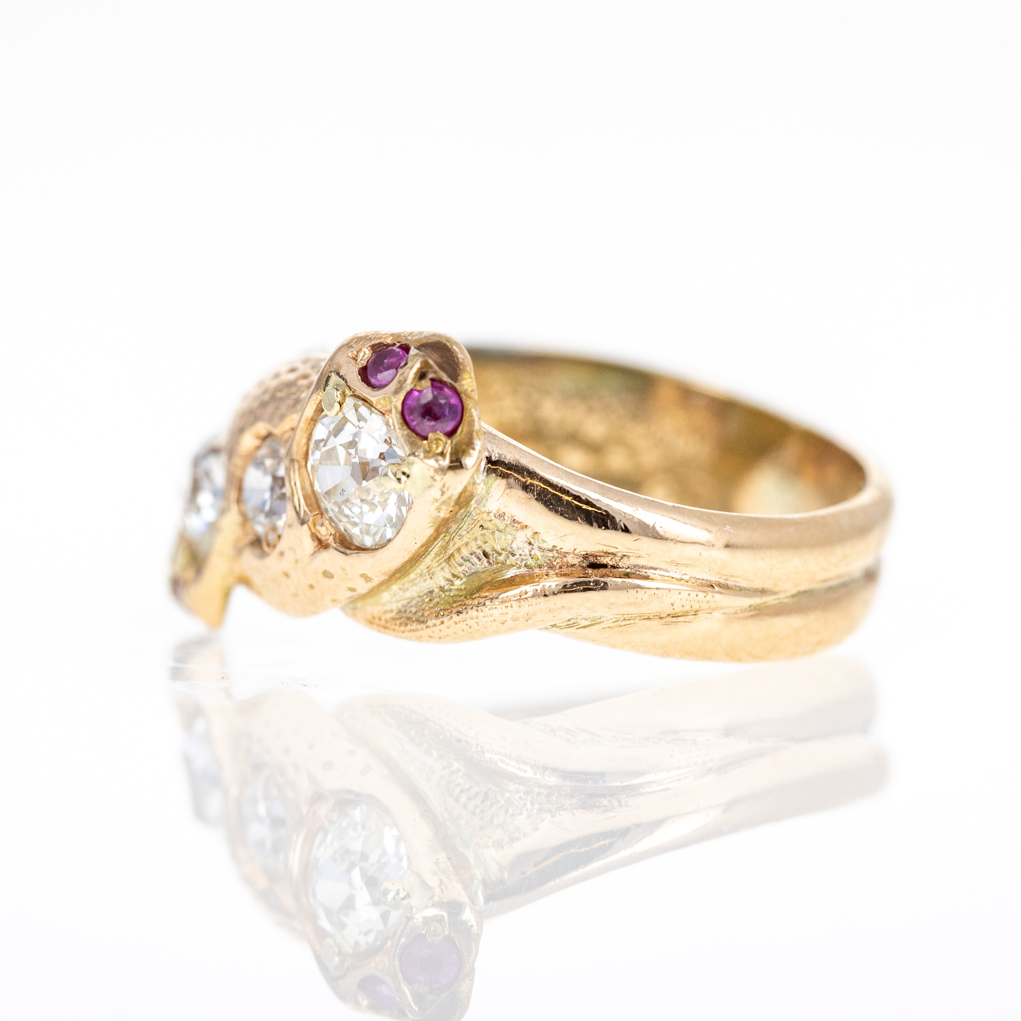 Victorian 18K Yellow Gold Old European Cut Diamond and Ruby Snake Ring - Queen May