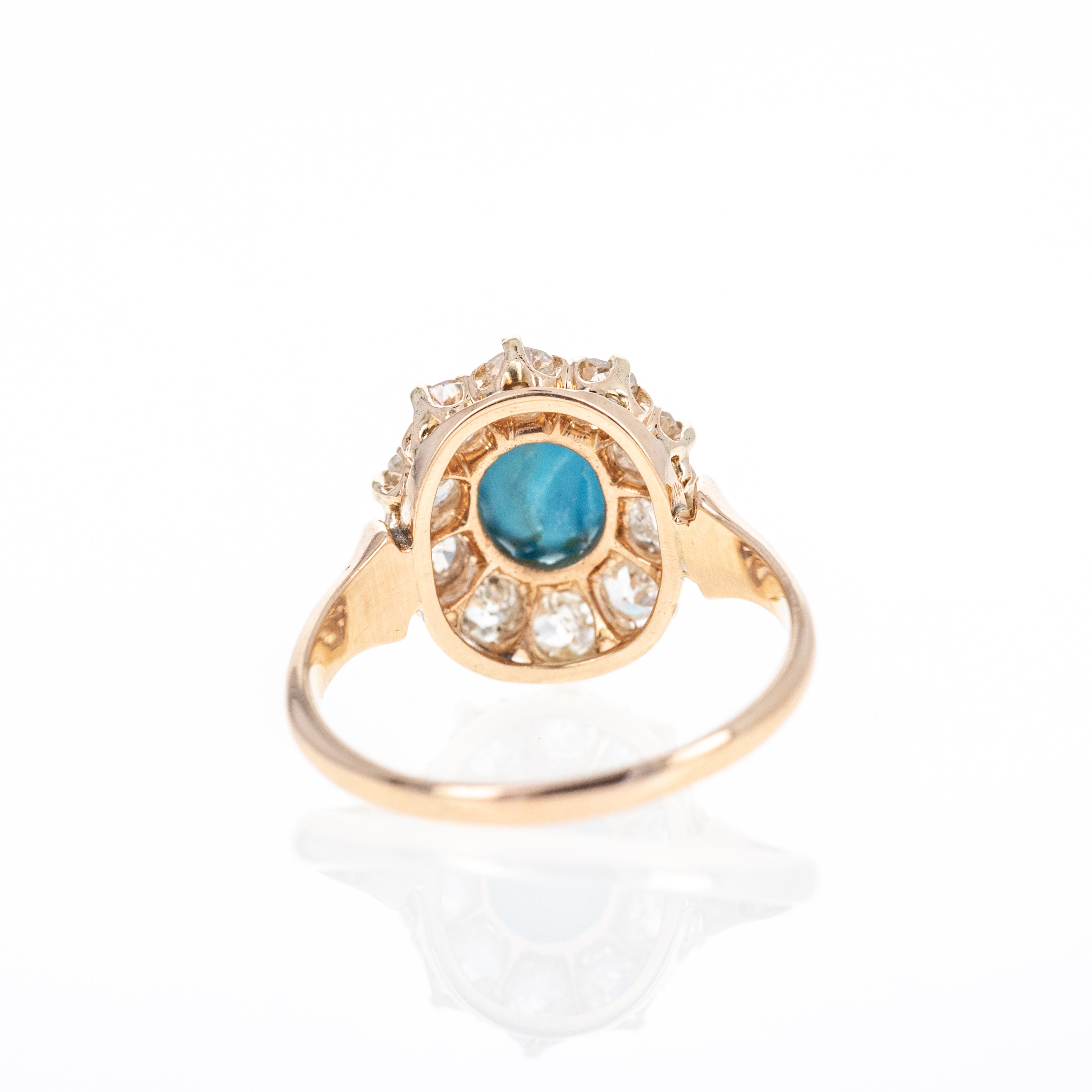 Victorian 14K Rose Gold 1.50 Carat Turquoise Old European Cut Diamond Halo Ring - Queen May