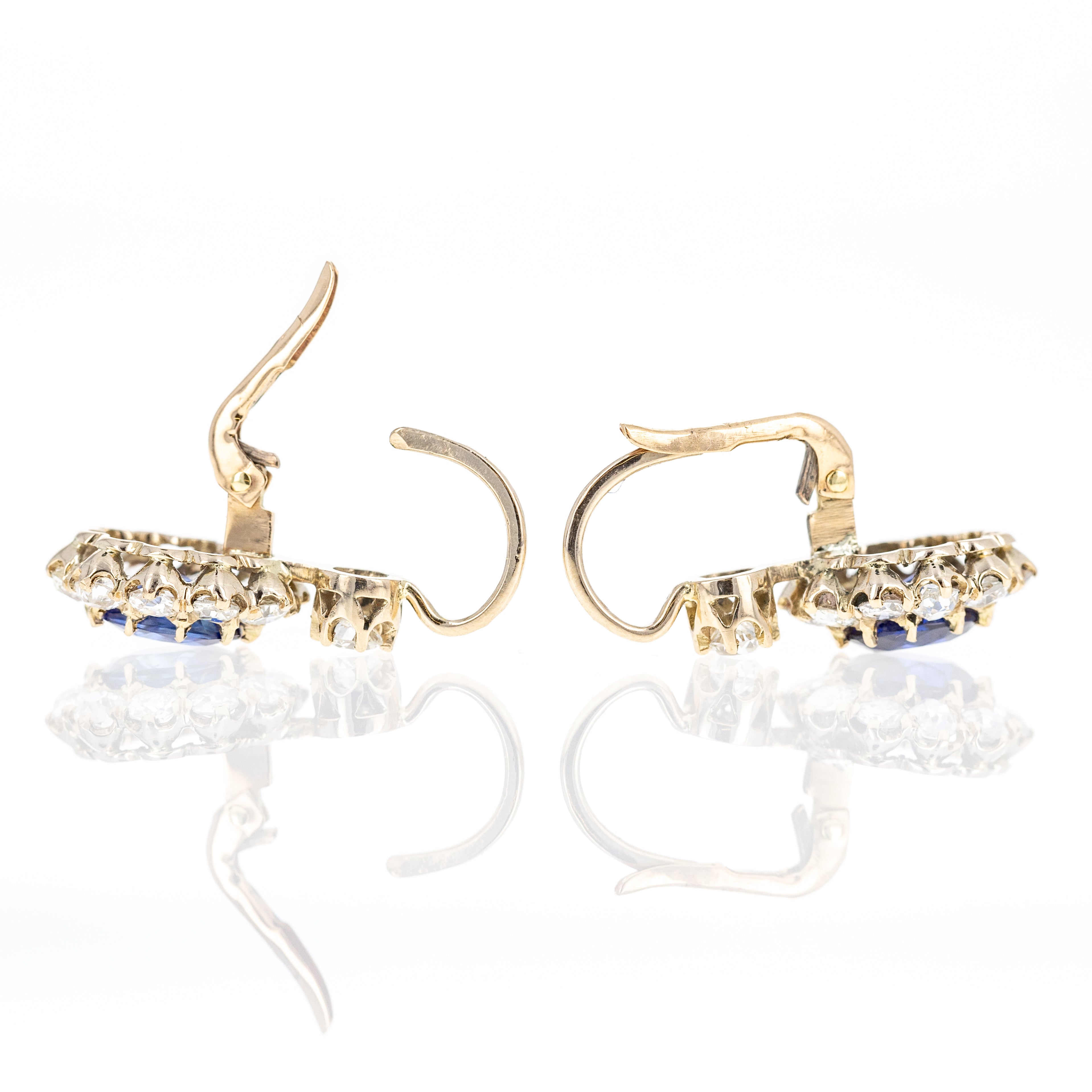 Victorian Inspired 18K Yellow Gold 3.86 Carat Sapphire Diamond Halo Drop Earrings - Queen May
