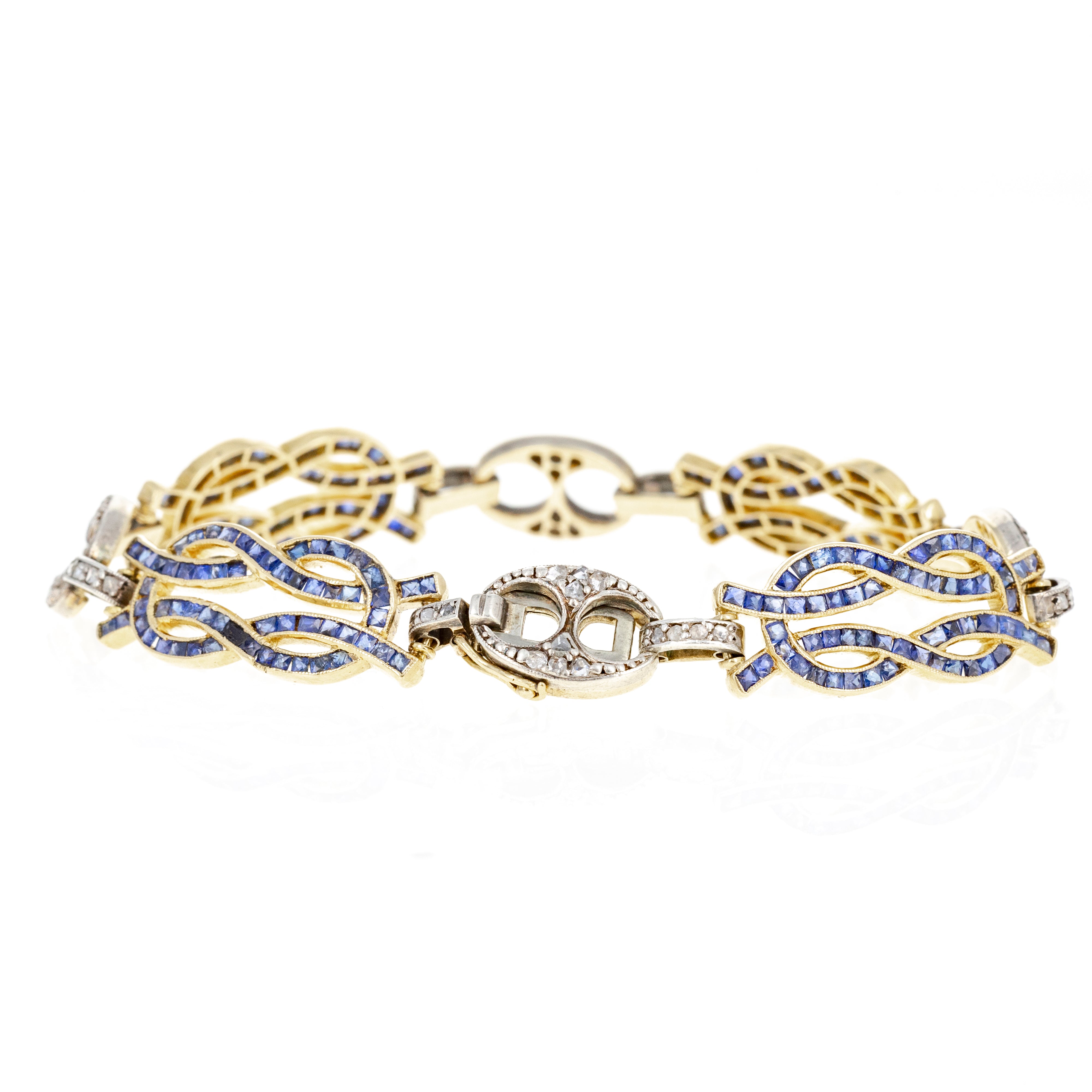 Edwardian 18K Yellow Gold & Sterling Silver 5 Carat Sapphire Diamond Bracelet - Queen May