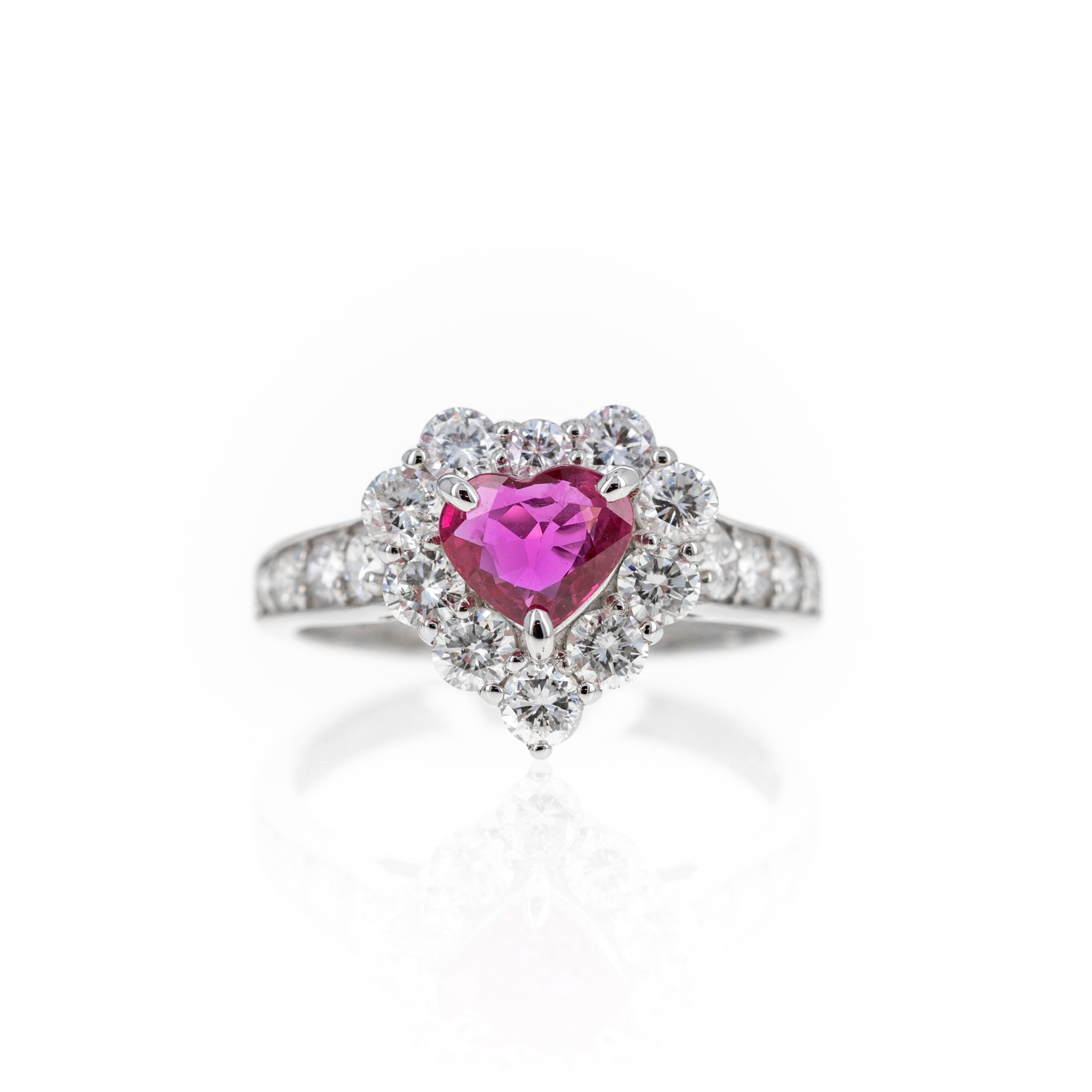 Platinum 0.78 Carat Heart Ruby Diamond Halo Ring - Queen May
