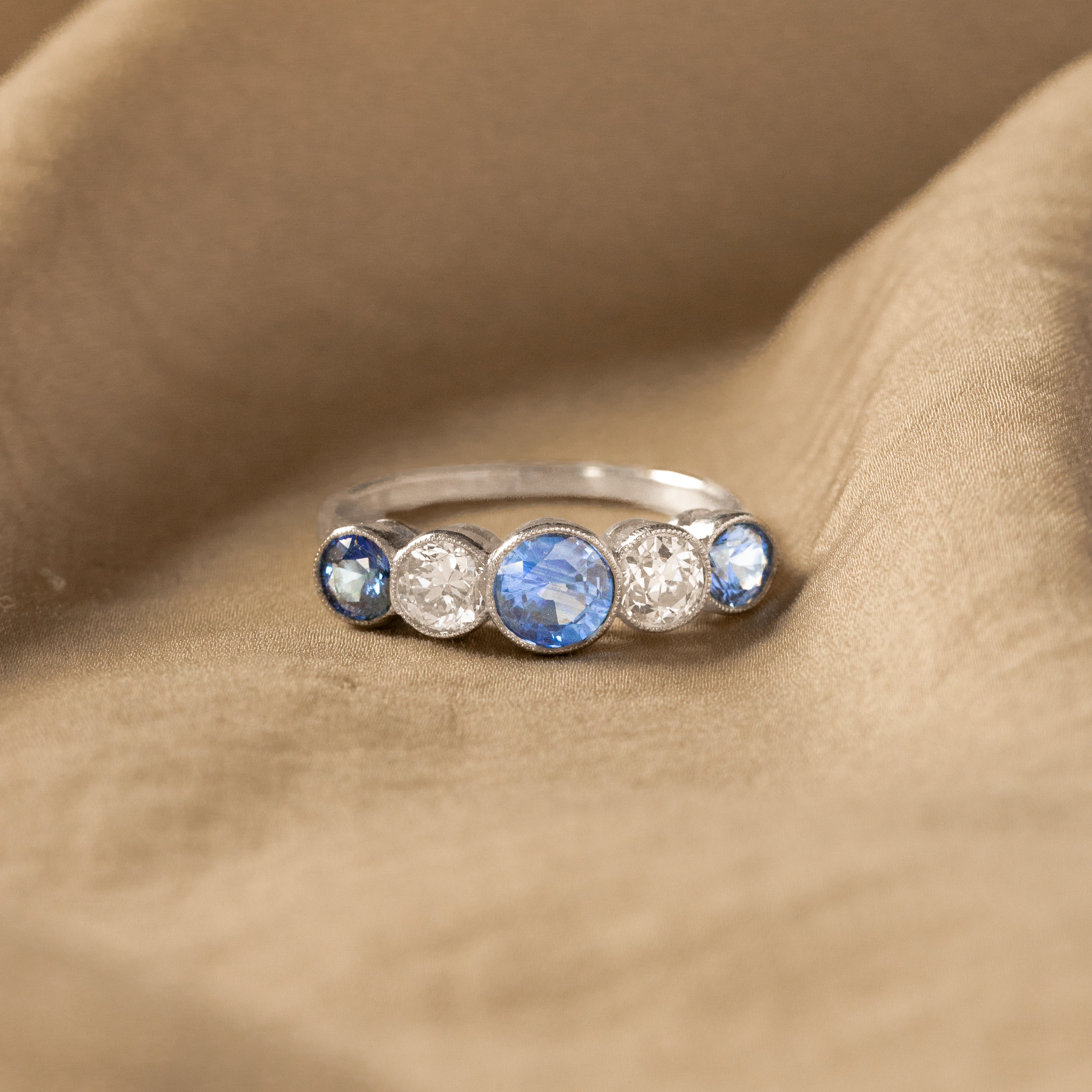 Art Deco Inspired Round Natural Sapphire Diamond Five Stone Bezel Ring - Queen May
