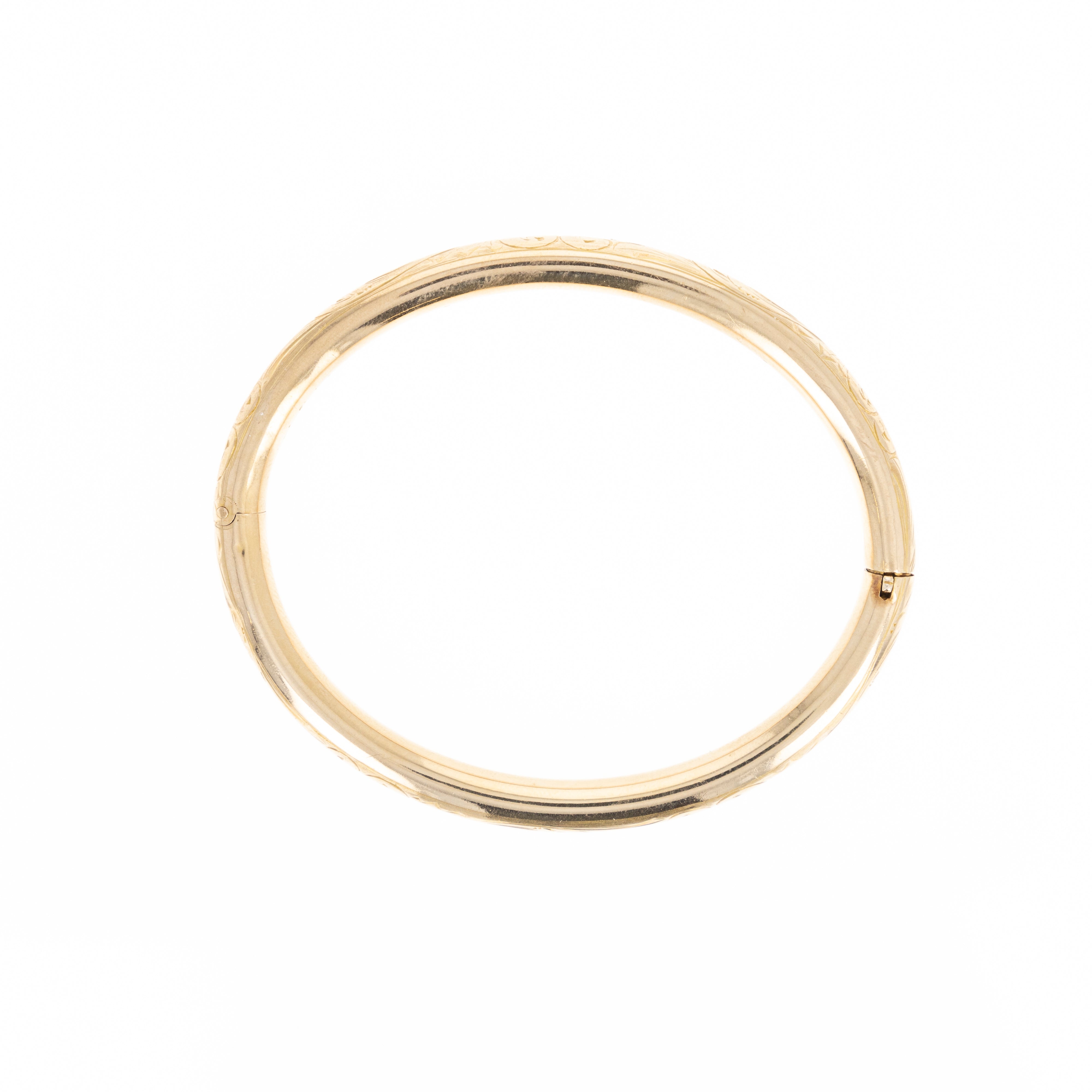 Victorian 10K Yellow Gold Acid Etched Engraved Filigree Bangle - Queen May