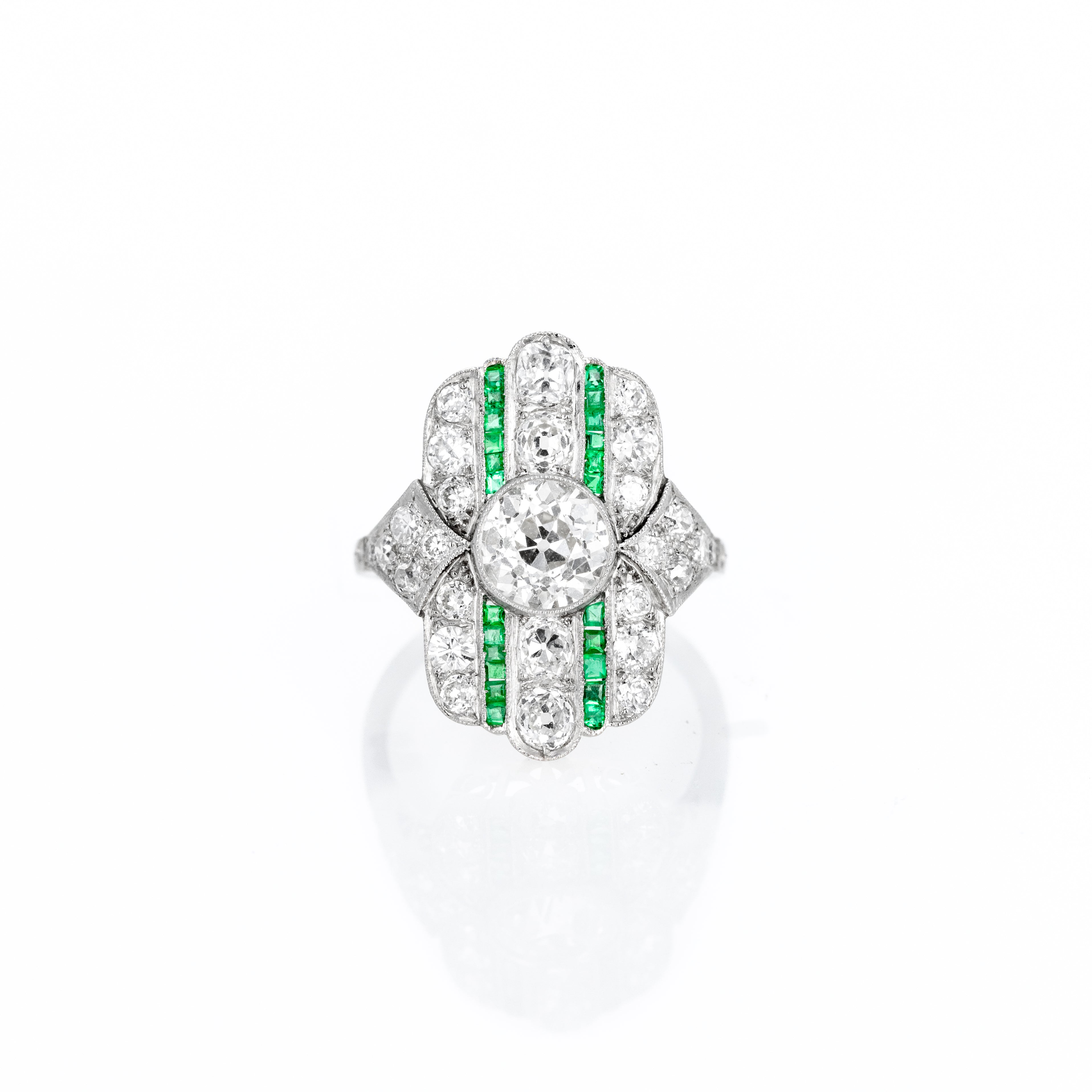 Art Deco Inspired 1.31 Carat Old European Diamond Emerald Ring - Queen May