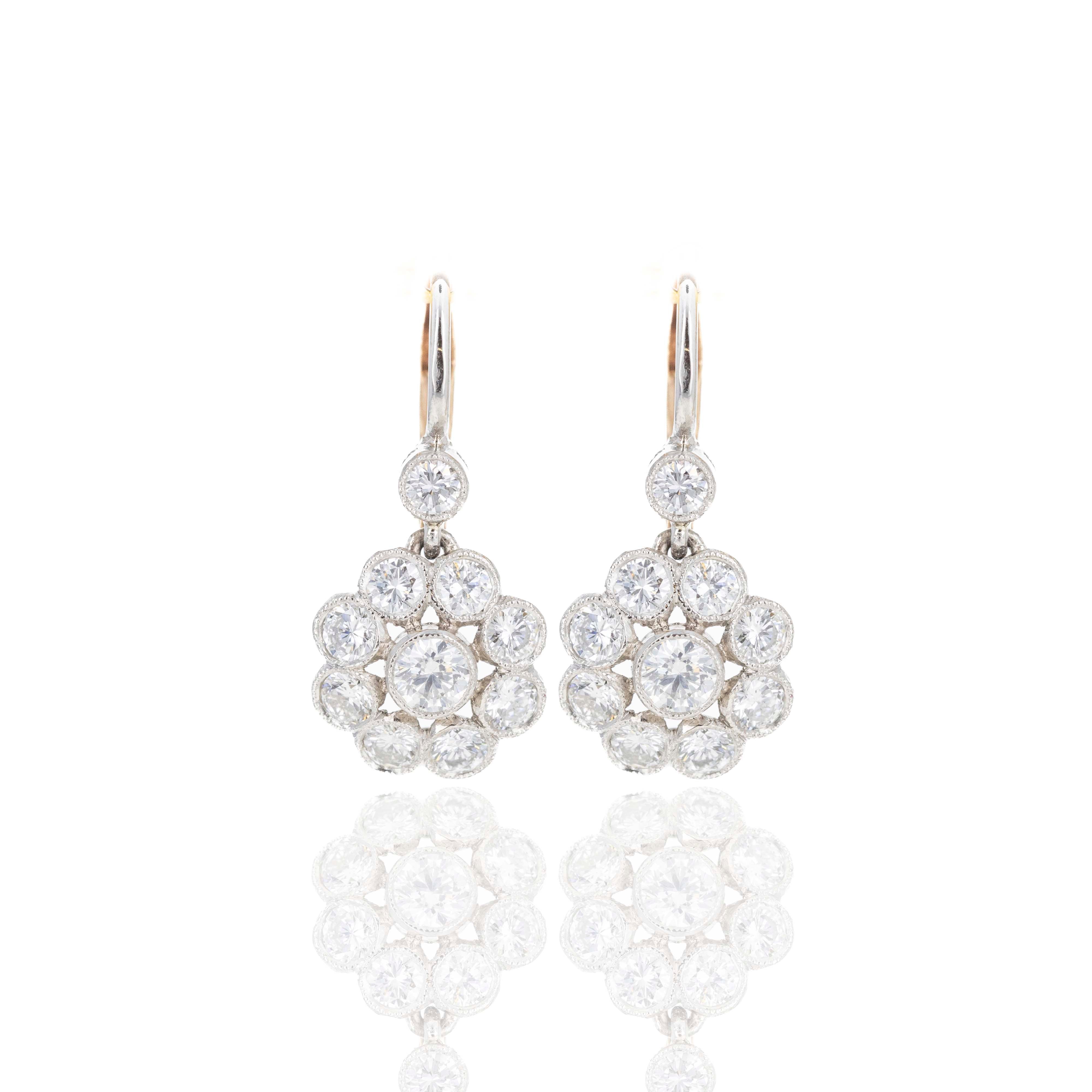 Edwardian Inspired 18K Rose Gold & Platinum 1.60 Carat Diamond Floral Earrings - Queen May