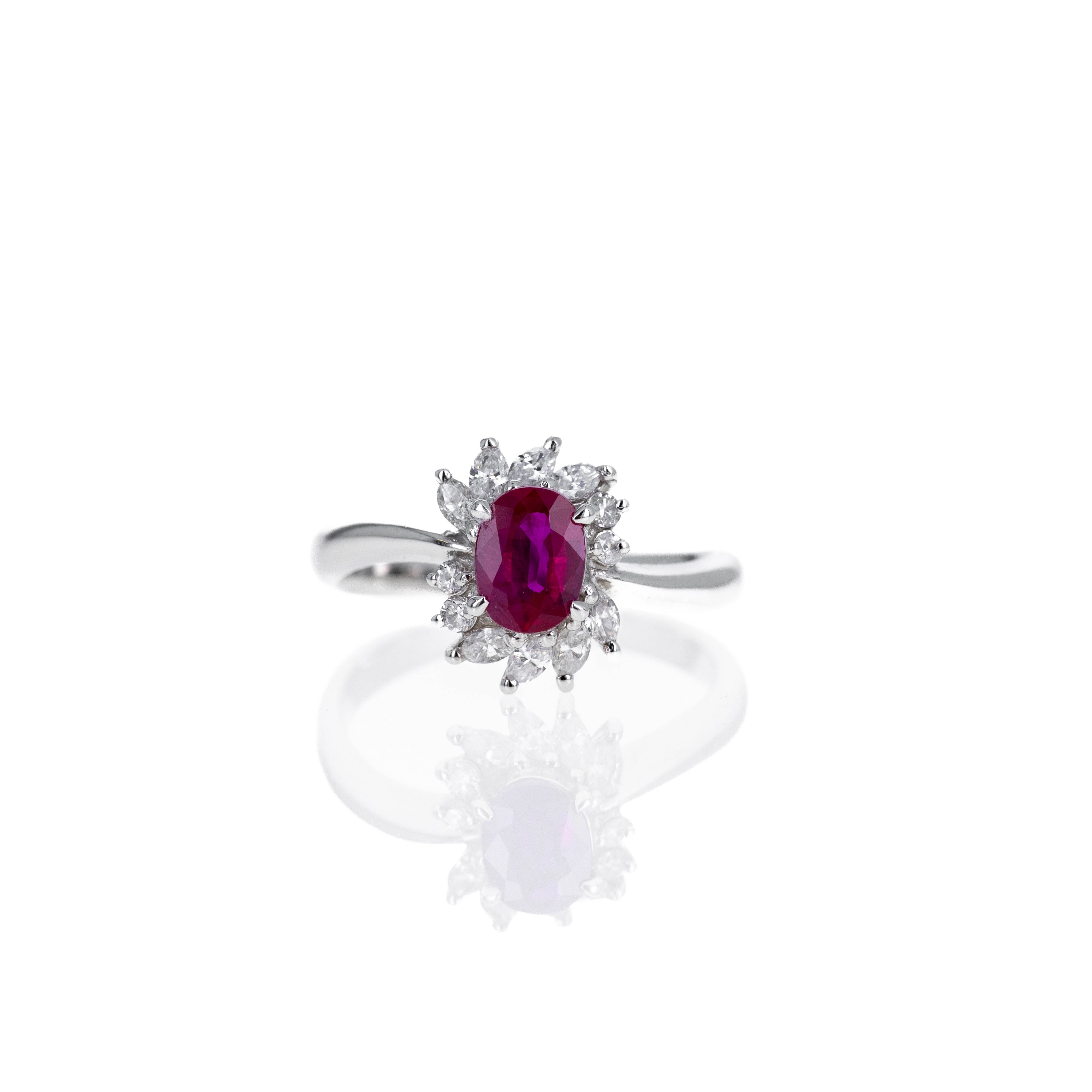 Platinum 0.75 Carat Ruby Diamond Floral Swirl Ring - Queen May