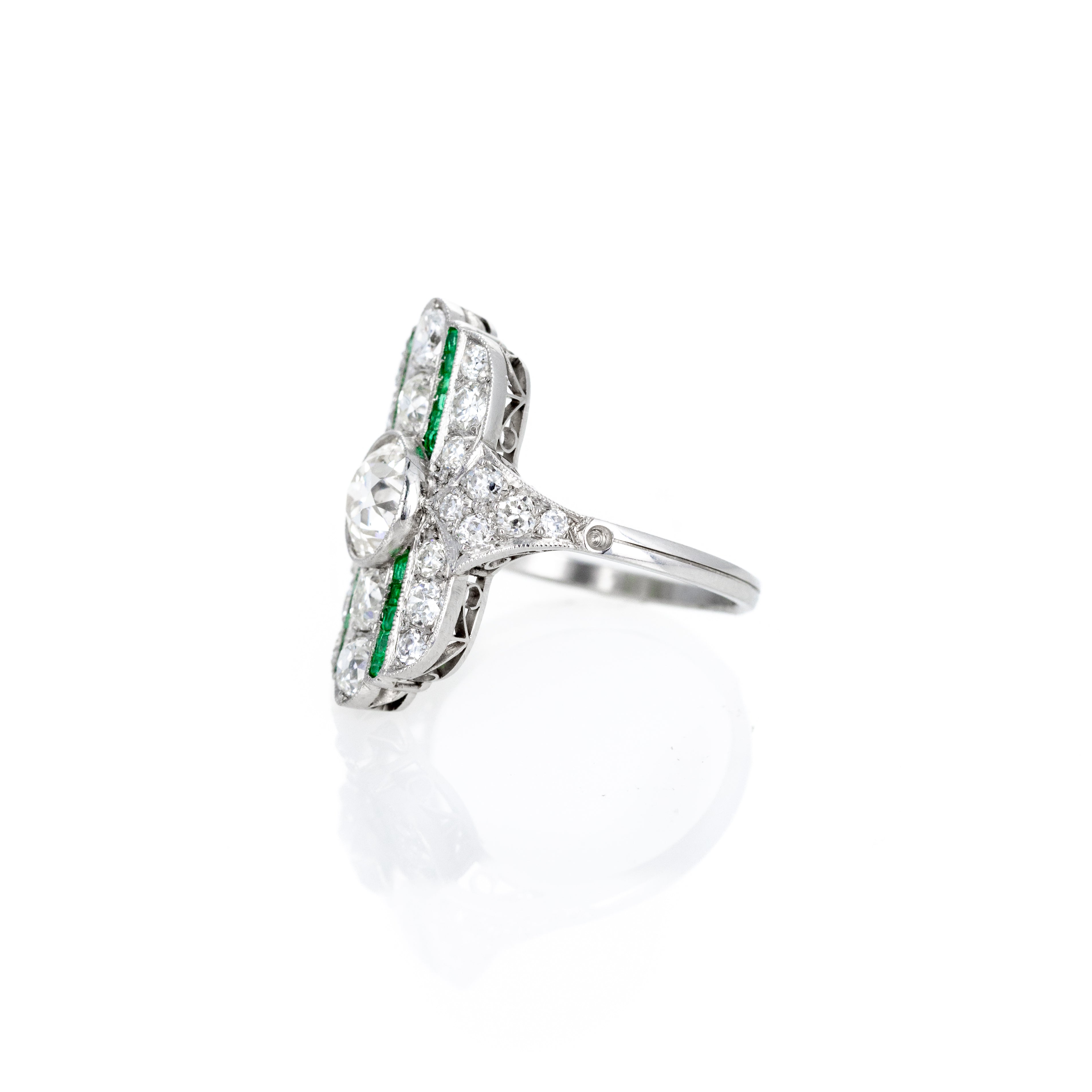Art Deco Inspired 1.31 Carat Old European Diamond Emerald Ring - Queen May