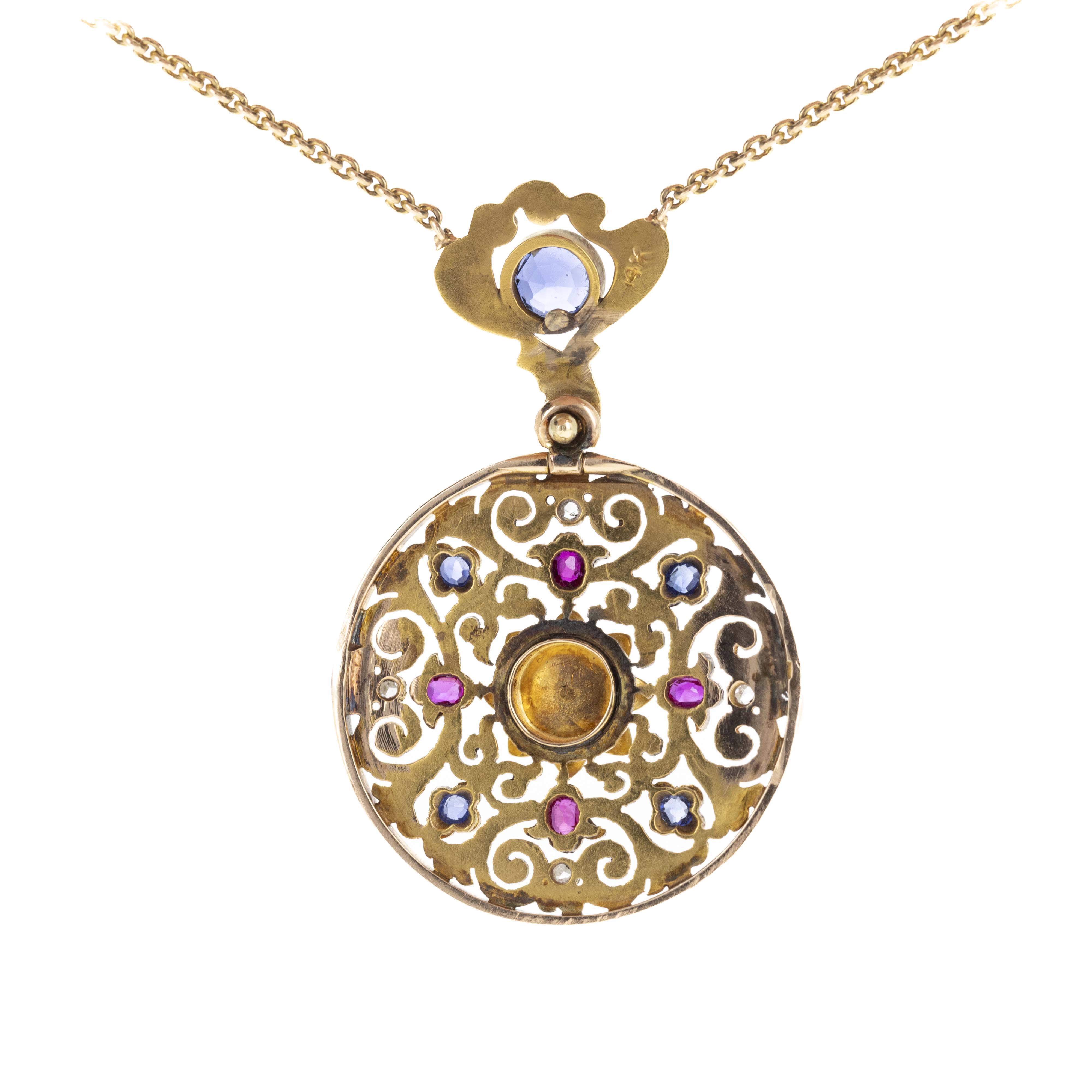 Victorian 14K Yellow Gold 0.5 Carat Old European Cut Sapphire Ruby Diamond Pendant Necklace - Queen May