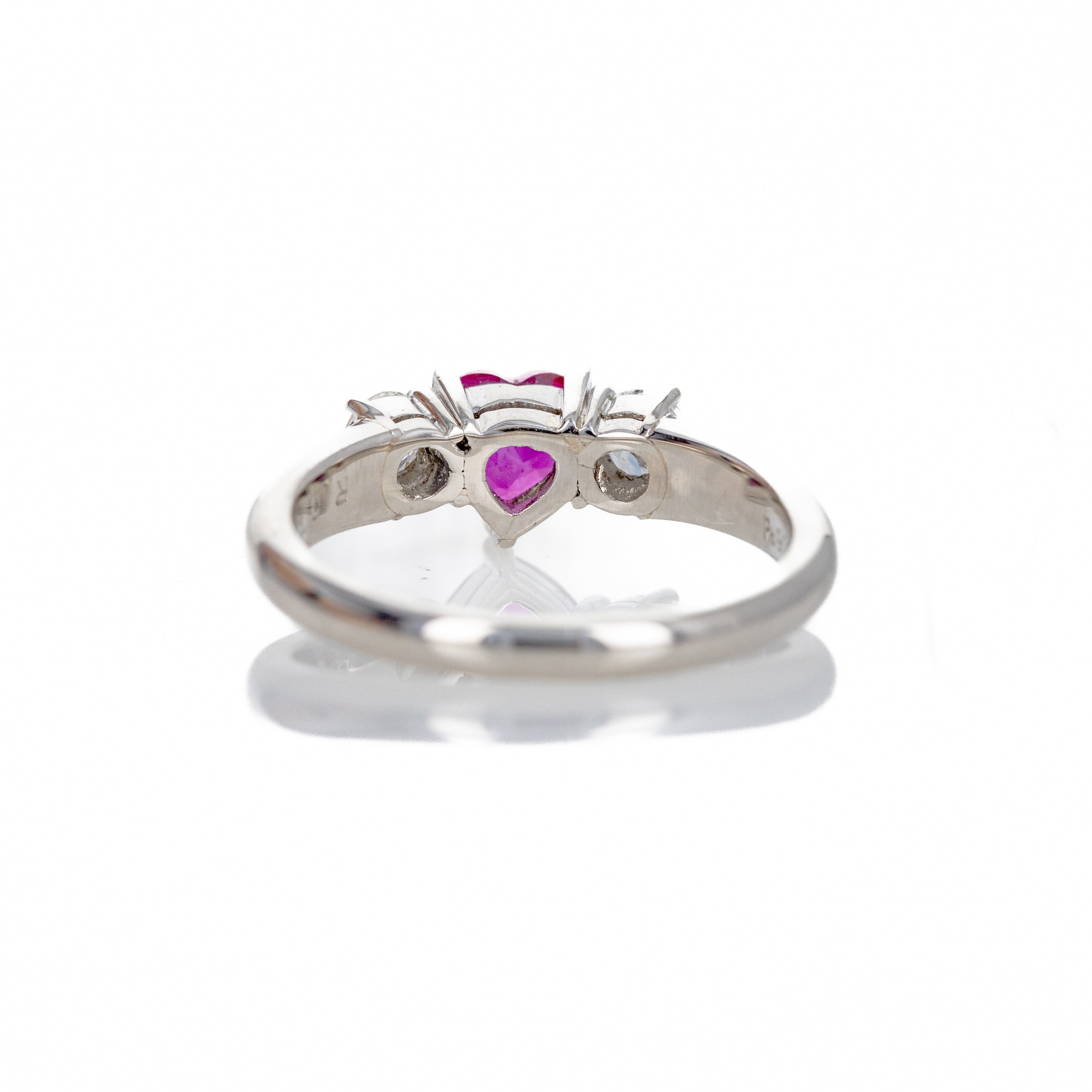 Platinum 0.78 Carat Heart Ruby Diamond Three Stone Ring - Queen May