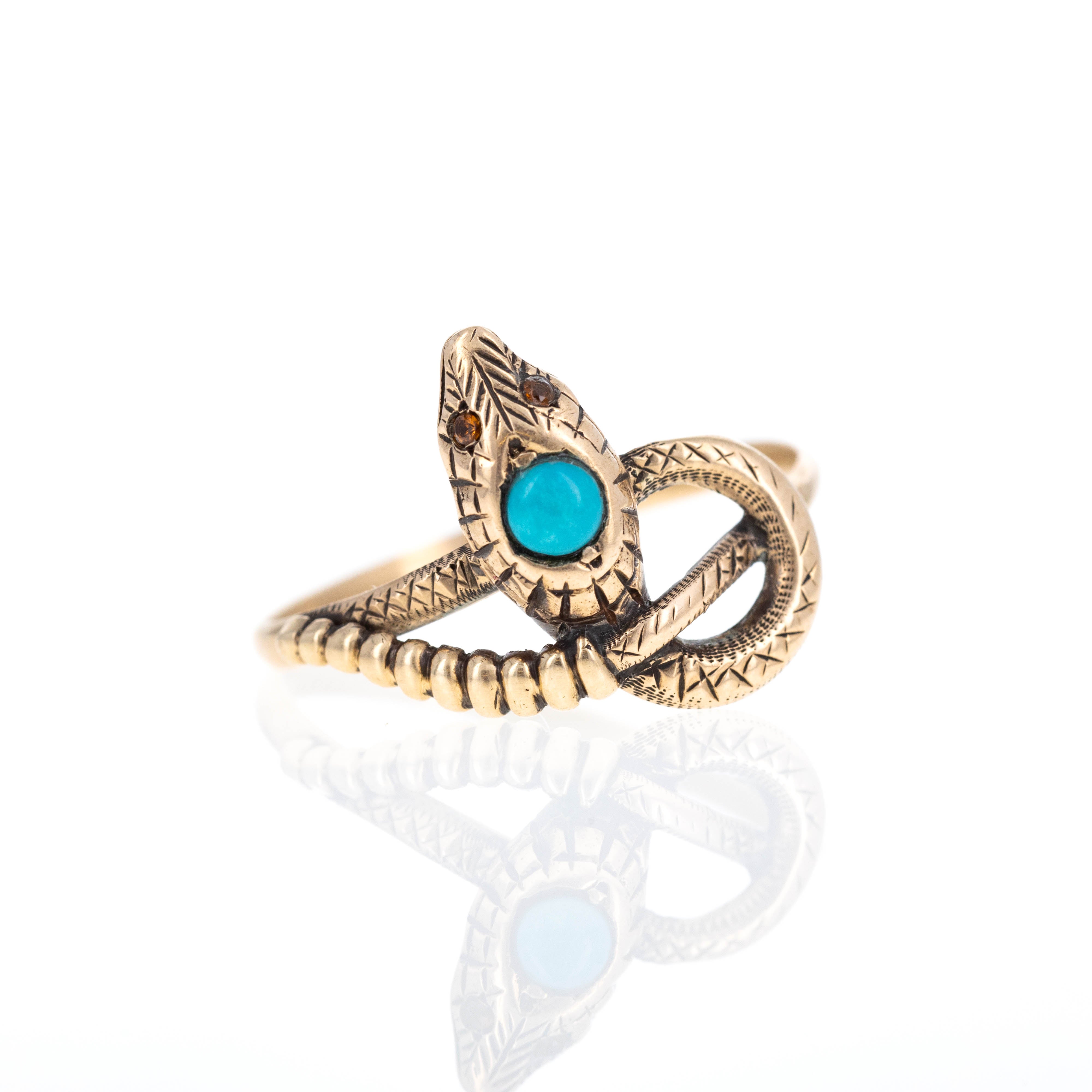 Victorian 10K Yellow Gold Turquoise and Citrine Snake Ring - Queen May