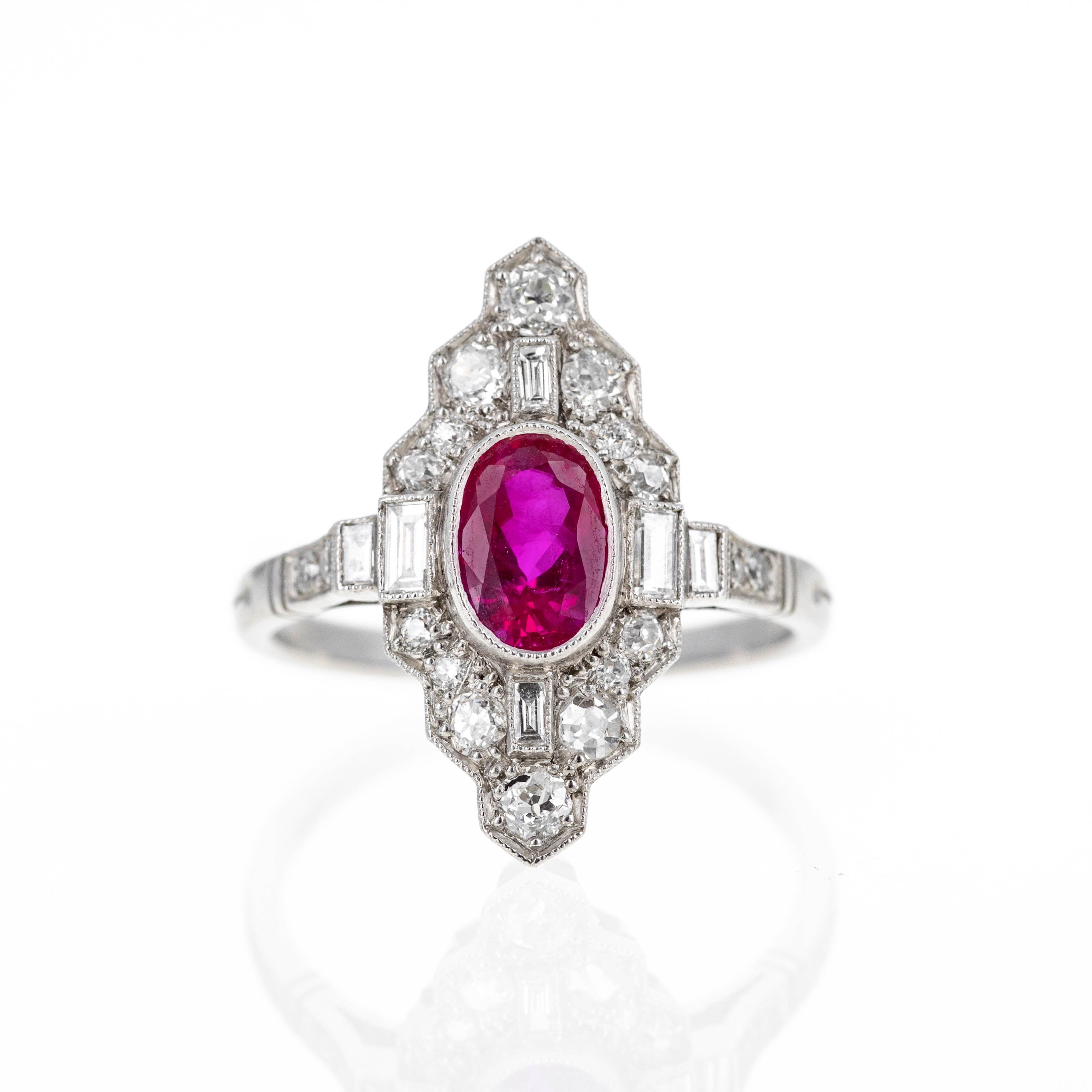 Art Deco Inspired Platinum 1.22 Carat Oval Ruby Diamond Ring - Queen May